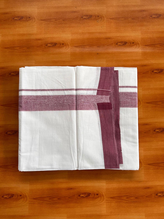 Double Pure White Mundu/Dhoti -20% Discount! KaithariKada 100% Cotton - 100x80 - 1.25 Inch Light Wine Shaded Kara - 3.80 mtr (8 muzham) - 31 KK5519 PMC