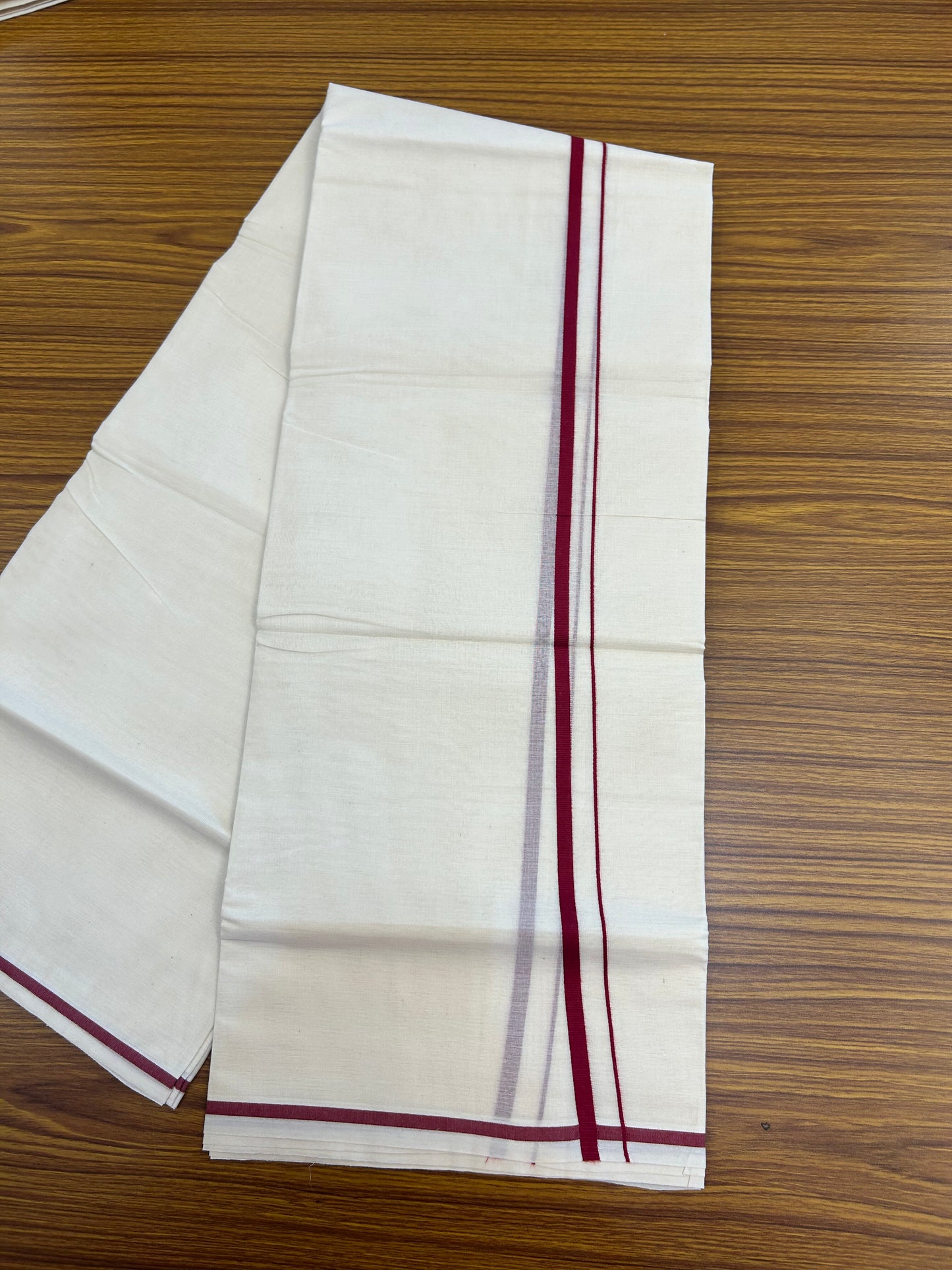 20% Discount! KaithariKada Balaramapuram 100% Cotton Double Off white - (Unbleached) - Mundu/Dhoti  (80s) - 1 cm Maroon Red Kara 4 mtr (8.5 muzham) - 50 KK5362 GAN
