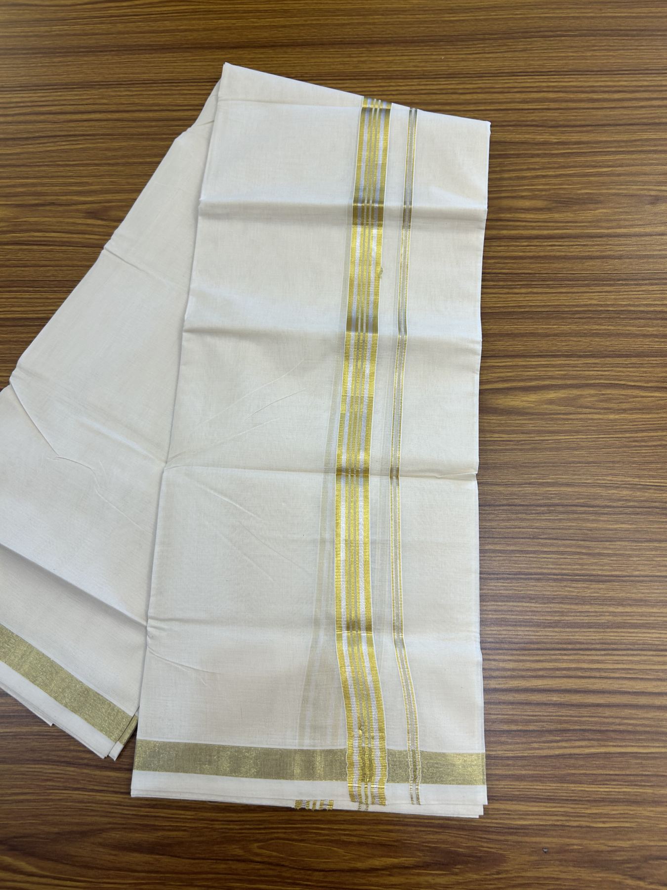 20% Discount ! KaithariKada Balaramapuram - 100% Pure Cotton Off White - (Unbleached) Double Mundu/Dhoti - 100X80 - 1 inch Gold Kasav & Silver Kasav Striped Kara 4 mtr (8.5 muzham) - 10 KK5340 VIN