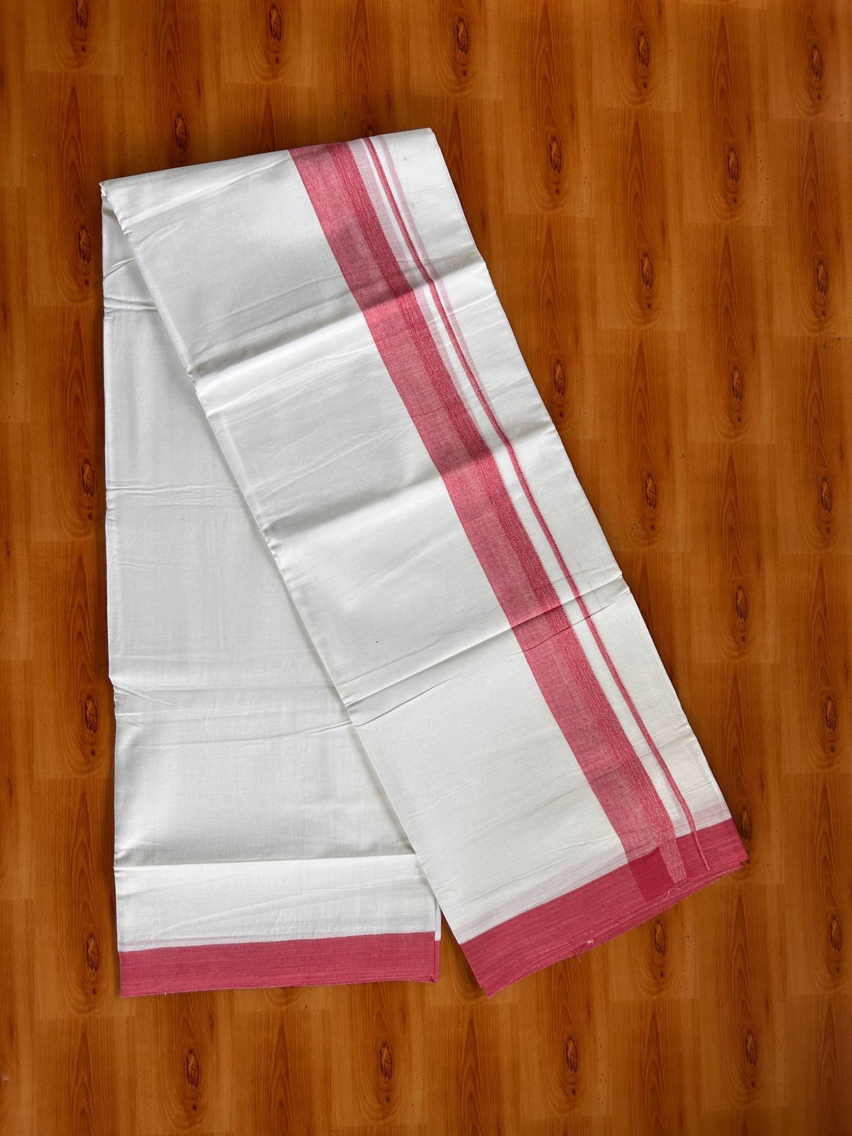 Double Pure White Mundu/Dhoti -20% Discount! KaithariKada 100% Cotton - 100x80 - 1.5 Inch Pinkish Peach Shaded Kara - 3.80 mtr (8 muzham) - 32 KK5519 PMC