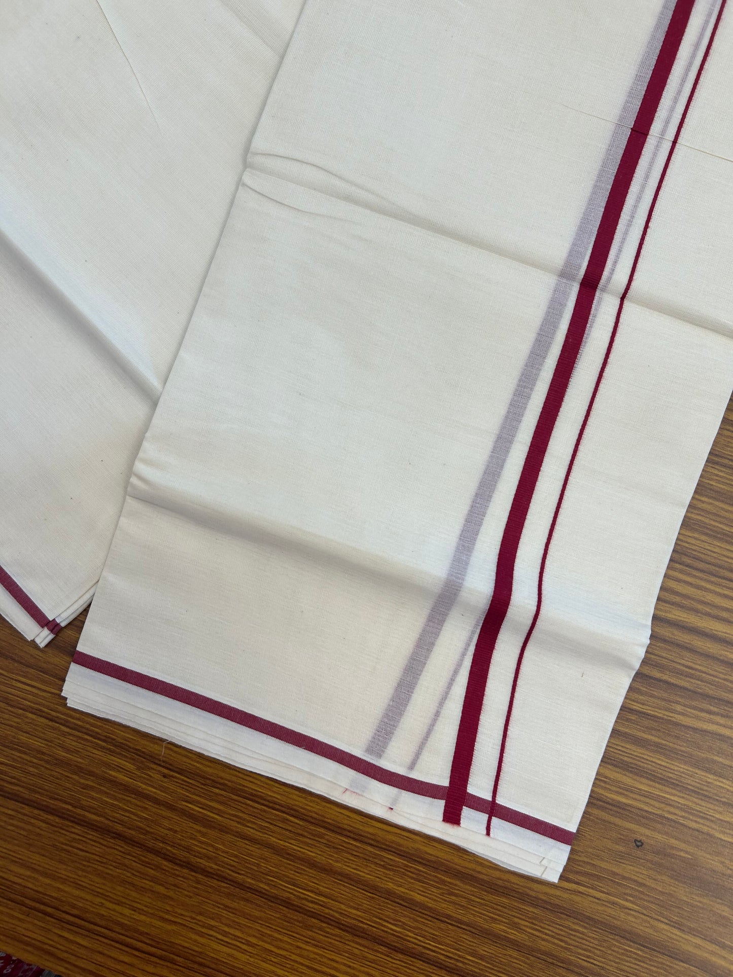 20% Discount! KaithariKada Balaramapuram 100% Cotton Double Off white - (Unbleached) - Mundu/Dhoti  (80s) - 1 cm Maroon Red Kara 4 mtr (8.5 muzham) - 50 KK5362 GAN