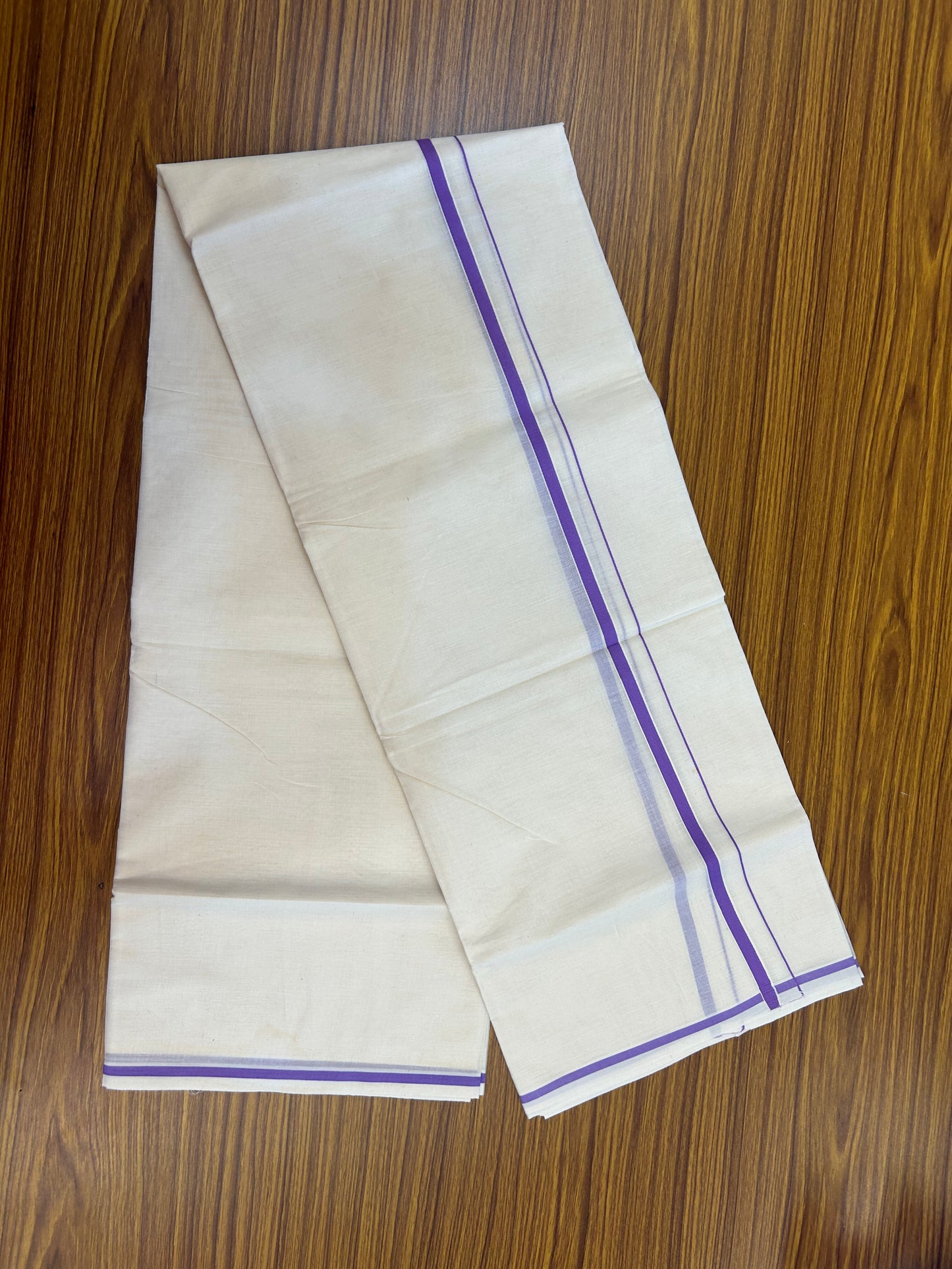 20% Discount! KaithariKada Balaramapuram 100% Cotton Double Off white - (Unbleached) - Mundu/Dhoti  (80s) - 1 cm Violet Kara 4 mtr (8.5 muzham) - 51 KK5362 GAN