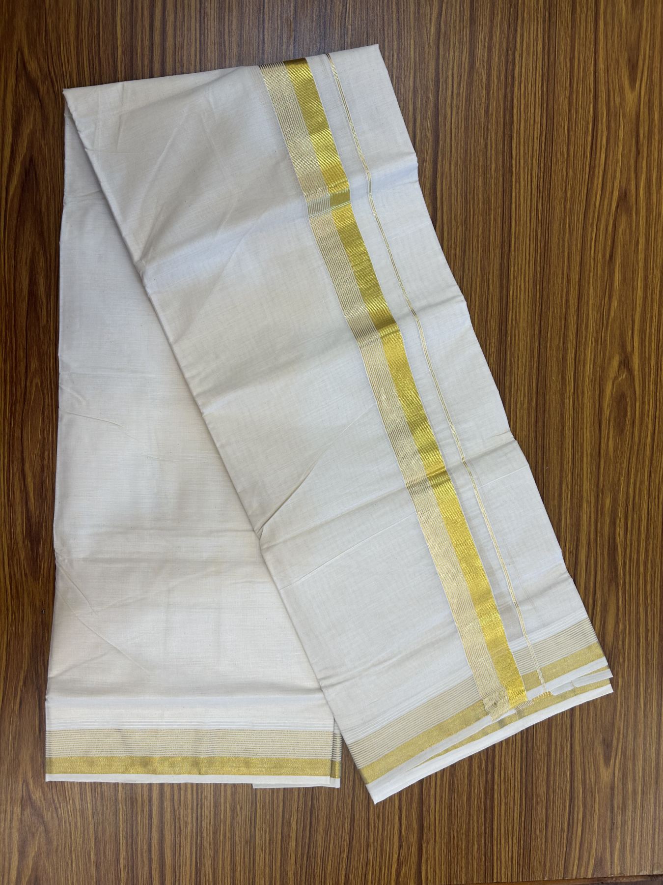 20% Discount ! KaithariKada Balaramapuram - 100% Pure Cotton Off White - (Unbleached) Double Mundu/Dhoti - 100X80 - 1.5 inch Gold Kasav Striped Kara - 1 KK5340 VIN