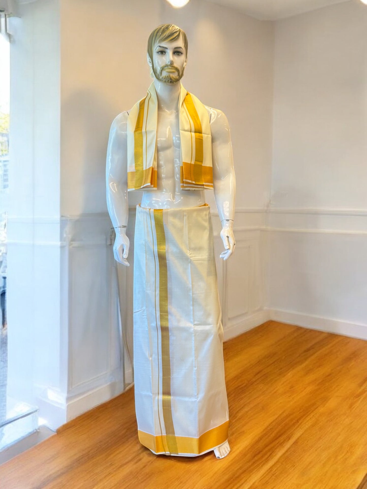 KaithariKada Balaramapuram 100% Art Silk OFF WHITE Double Mundu/Dhoti & Neriyath - 2.5inch Gold Kasavu kara - 3KK5015KAN