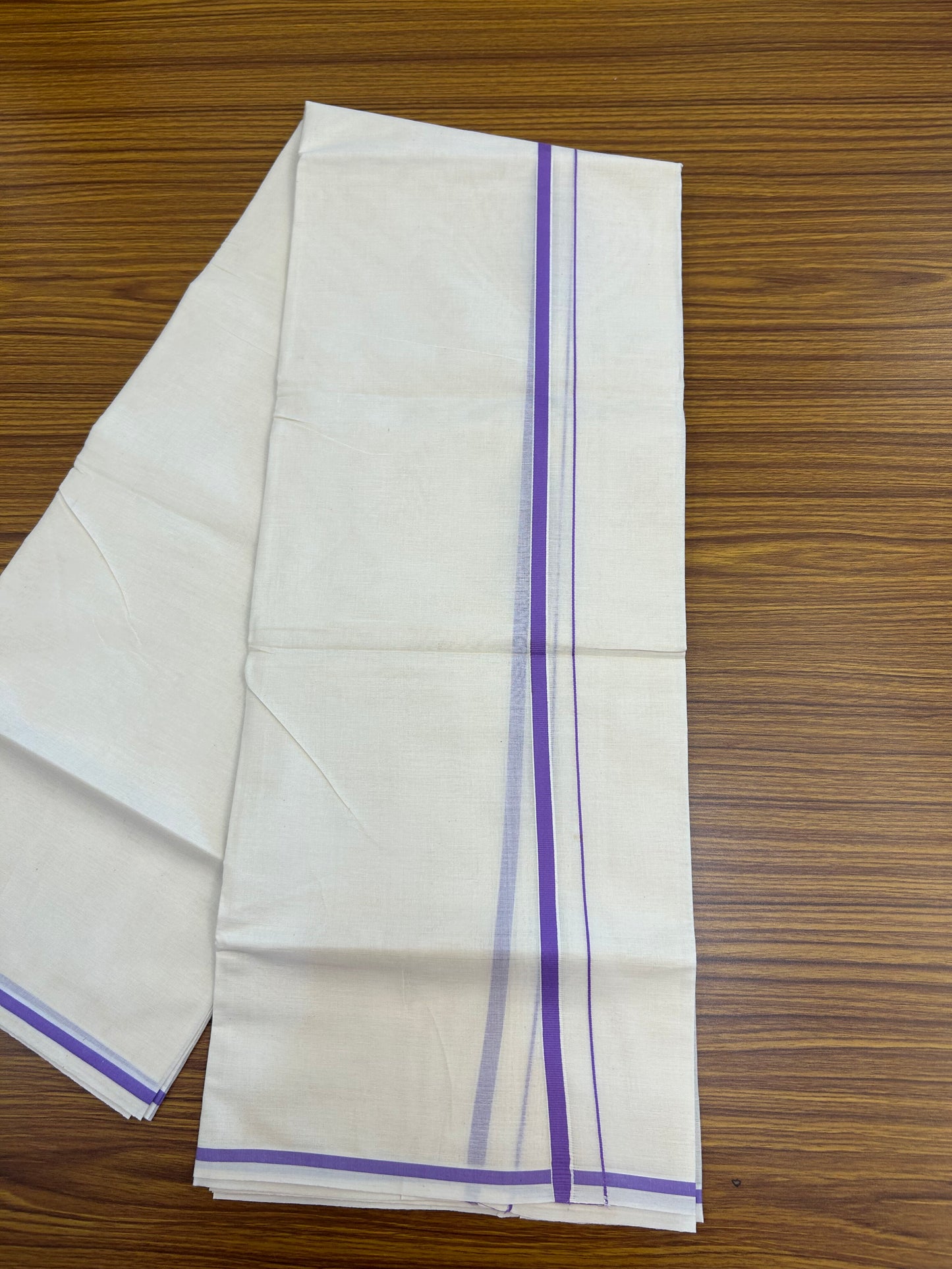 20% Discount! KaithariKada Balaramapuram 100% Cotton Double Off white - (Unbleached) - Mundu/Dhoti  (80s) - 1 cm Violet Kara 4 mtr (8.5 muzham) - 51 KK5362 GAN