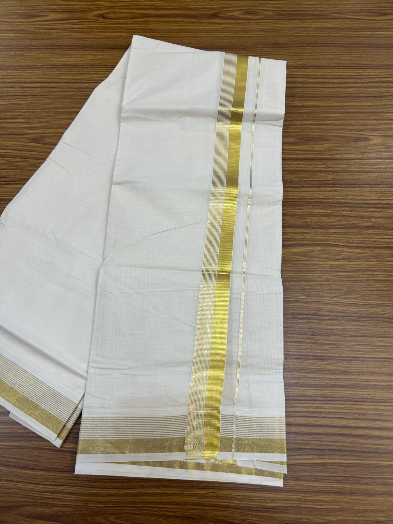 20% Discount ! KaithariKada Balaramapuram - 100% Pure Cotton Off White - (Unbleached) Double Mundu/Dhoti - 100X80 - 1.5 inch Gold Kasav Striped Kara - 1 KK5340 VIN