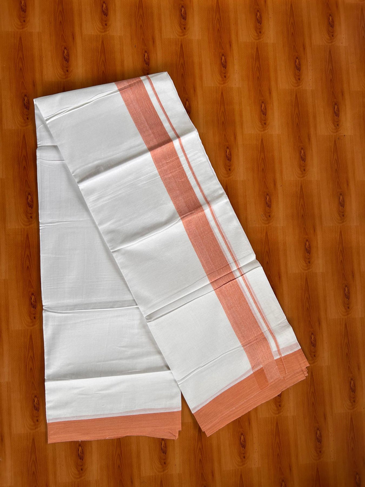 Double Pure White Mundu/Dhoti -20% Discount! KaithariKada 100% Cotton - 100x80 - 1.75 Inch Peach Orange Shaded Kara - 3.80 mtr (8 muzham) - 33 KK5519 PMC