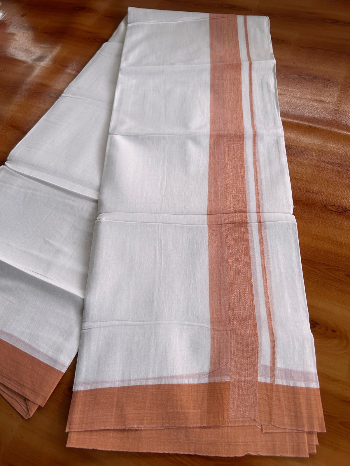 Double Pure White Mundu/Dhoti -20% Discount! KaithariKada 100% Cotton - 100x80 - 1.75 Inch Peach Orange Shaded Kara - 3.80 mtr (8 muzham) - 33 KK5519 PMC