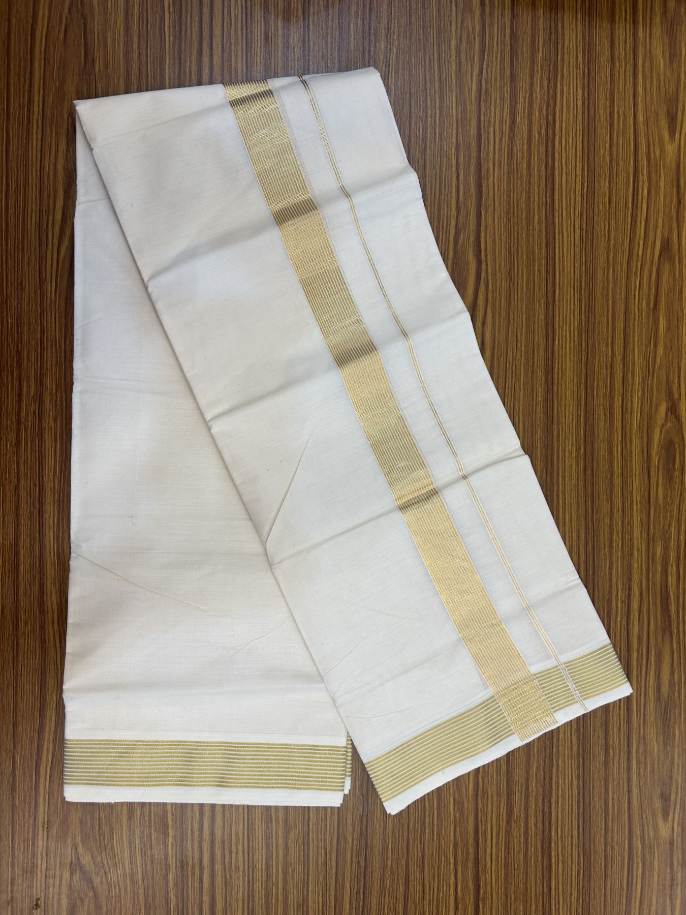 20% Discount ! KaithariKada Balaramapuram - 100% Pure Cotton Off White - (Unbleached) Double Mundu/Dhoti - 100X80 - 1.5 inch Gold Kasav Striped Kara 4 mtr (8.5 muzham) - 5 KK5340 VIN