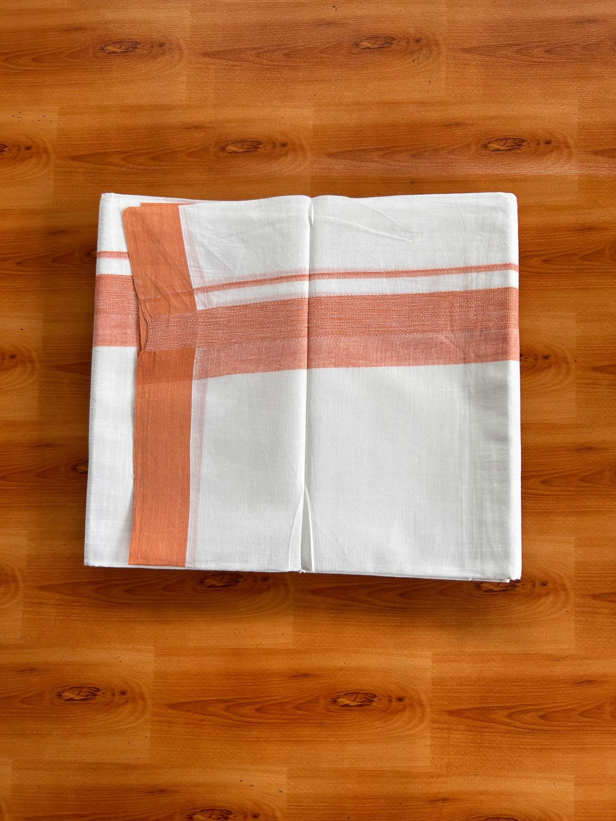 Double Pure White Mundu/Dhoti -20% Discount! KaithariKada 100% Cotton - 100x80 - 1.75 Inch Peach Orange Shaded Kara - 3.80 mtr (8 muzham) - 33 KK5519 PMC
