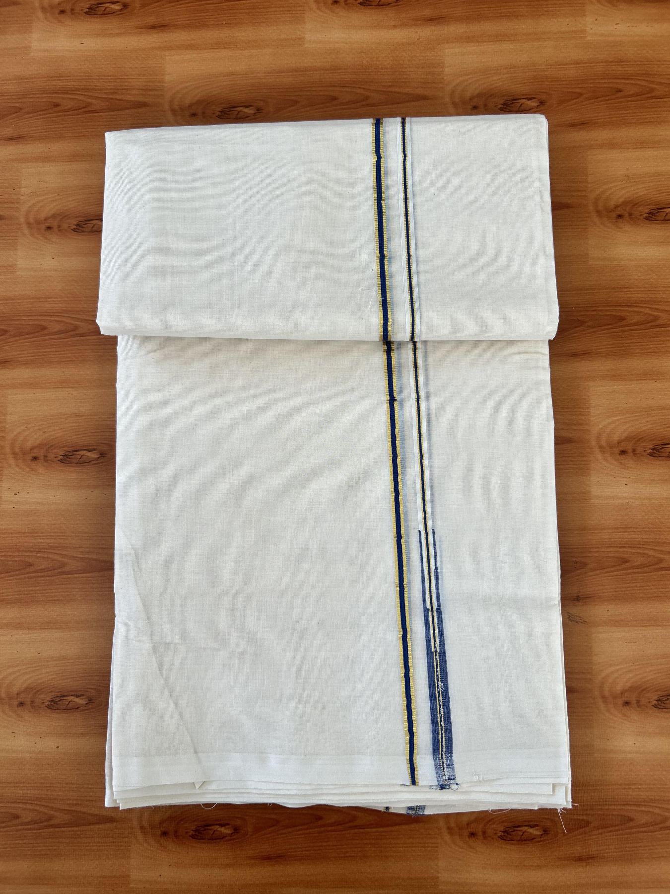 Double Off white Mundu/Dhoti - 20% Discount! KaithariKada 100% Cotton - 100x100 - 1 cm Puliyilakkara Gold Kasav & Blue Chutty Kara 4 mtr (8.5 muzham) - 14 KK5453 ASH