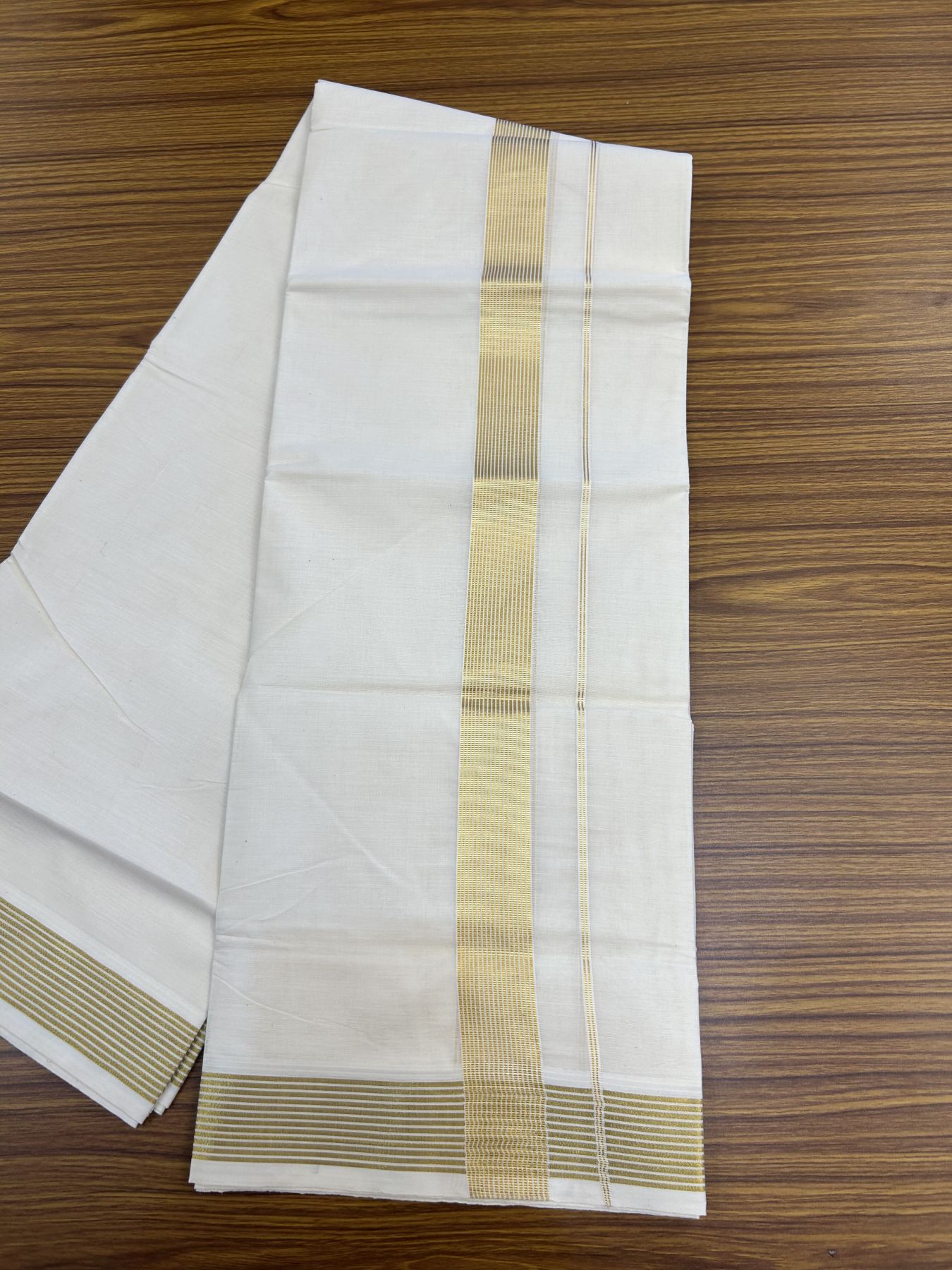 20% Discount ! KaithariKada Balaramapuram - 100% Pure Cotton Off White - (Unbleached) Double Mundu/Dhoti - 100X80 - 1.5 inch Gold Kasav Striped Kara 4 mtr (8.5 muzham) - 5 KK5340 VIN
