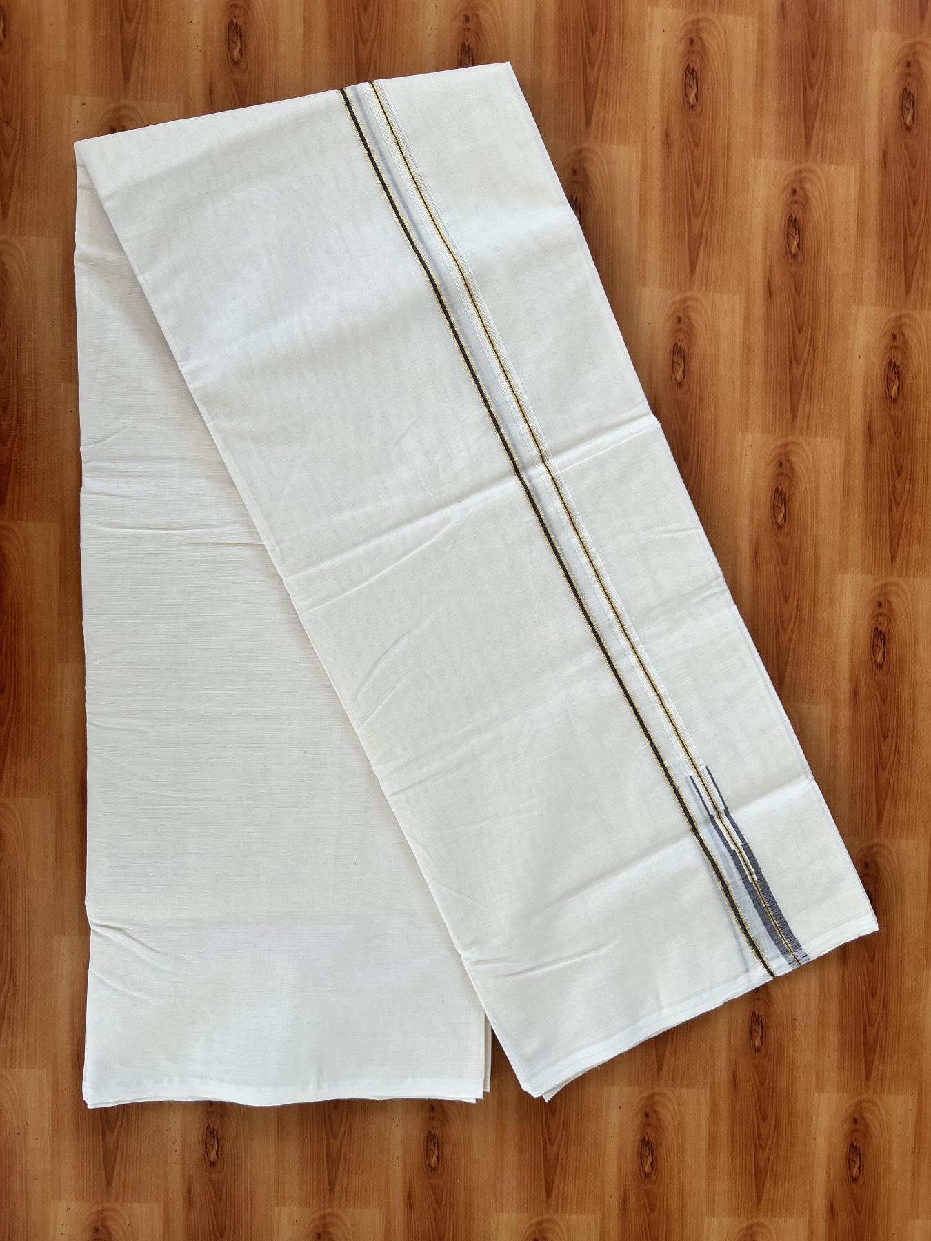 Double Off white Mundu/Dhoti - 20% Discount! KaithariKada 100% Cotton - 100x100 - 1 cm Puliyilakkara Gold Kasav & Dark Purple Chutty Kara 4 mtr (8.5 muzham) - 15 KK5453 ASH