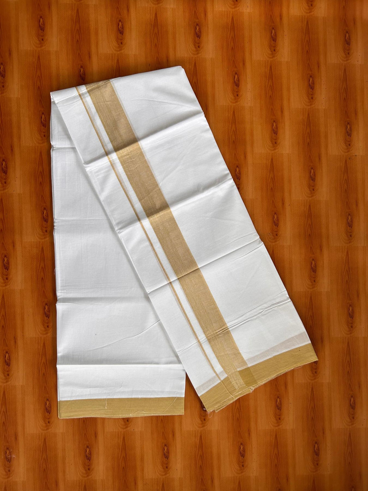 Double Pure White Mundu/Dhoti -20% Discount! KaithariKada 100% Cotton - 100x80 - 1.75 Inch Light Sand Brown Shaded Kara - 3.80 mtr (8 muzham) - 34 KK5519 PMC