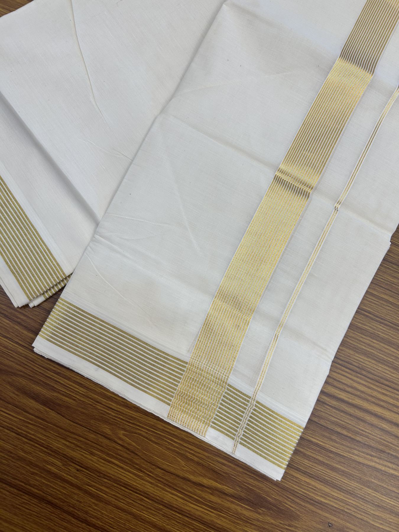 20% Discount ! KaithariKada Balaramapuram - 100% Pure Cotton Off White - (Unbleached) Double Mundu/Dhoti - 100X80 - 1.5 inch Gold Kasav Striped Kara 4 mtr (8.5 muzham) - 5 KK5340 VIN
