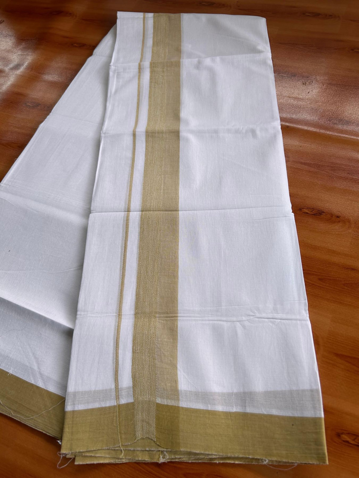 Double Pure White Mundu/Dhoti -20% Discount! KaithariKada 100% Cotton - 100x80 - 1.75 Inch Light Sand Brown Shaded Kara - 3.80 mtr (8 muzham) - 34 KK5519 PMC