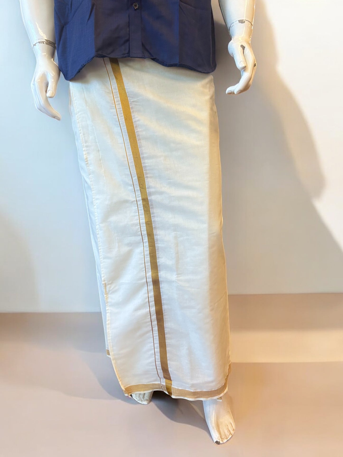 KaithariKada Balaramapuram 100% Pure Cotton SINGLE Off white VELCRO Mundu/Dhoti  - 1.5inch Gold Kasavu kara  (2 metre / 4 muzham) - 1KK5016KK