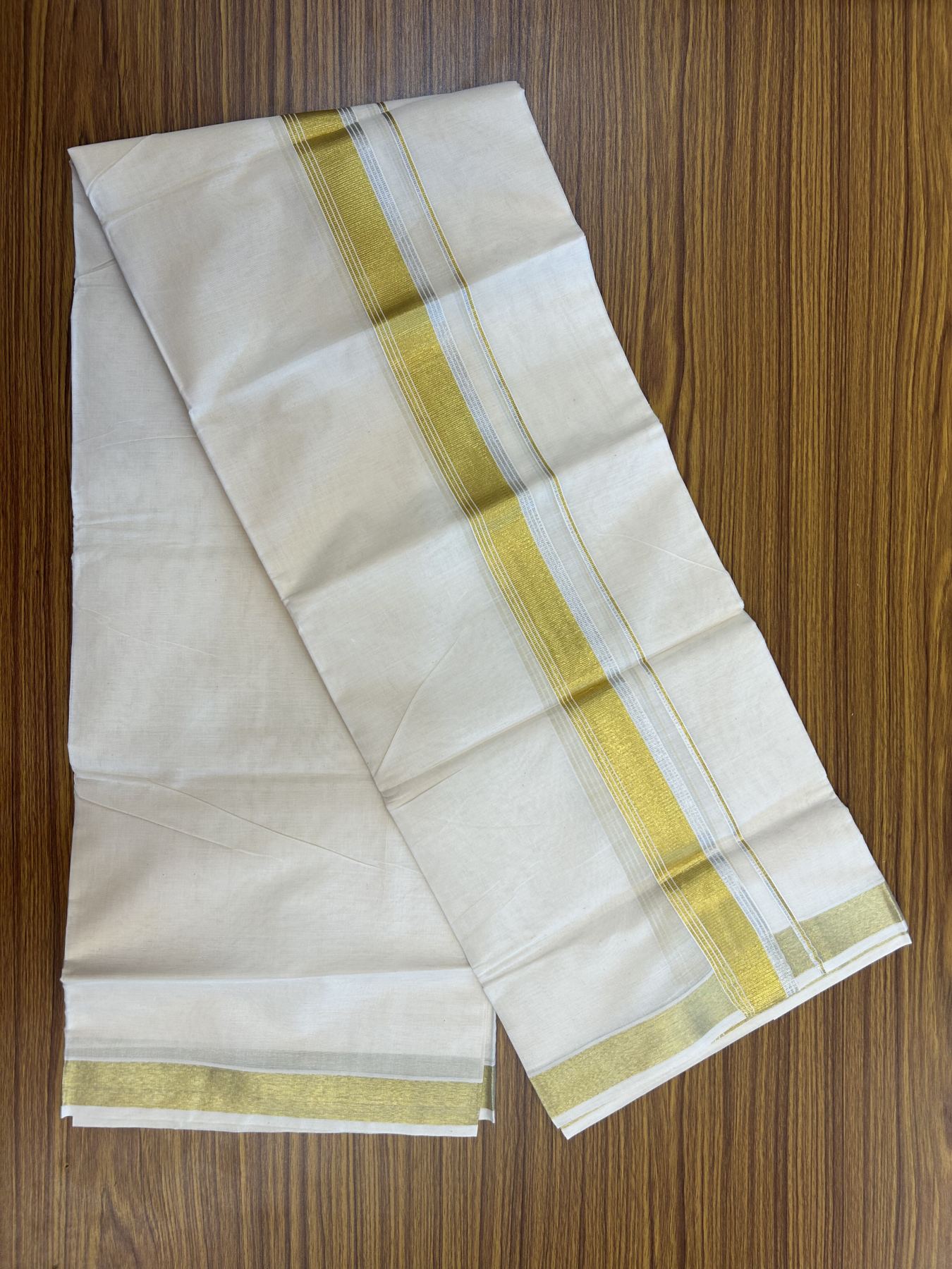 20% Discount ! KaithariKada Balaramapuram - 100% Pure Cotton Off White - (Unbleached) Double Mundu/Dhoti - 100X80 - 1.5 inch Gold Kasav & Silver Kasav Striped Kara 4 mtr (8.5 muzham) - 13 KK5340 VIN