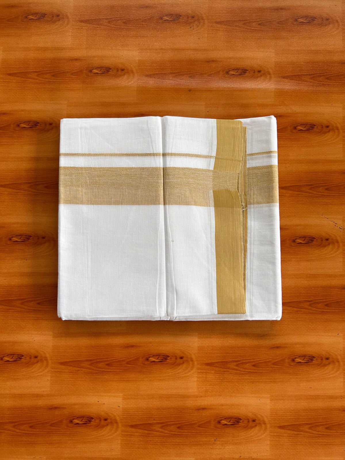 Double Pure White Mundu/Dhoti -20% Discount! KaithariKada 100% Cotton - 100x80 - 1.75 Inch Light Sand Brown Shaded Kara - 3.80 mtr (8 muzham) - 34 KK5519 PMC