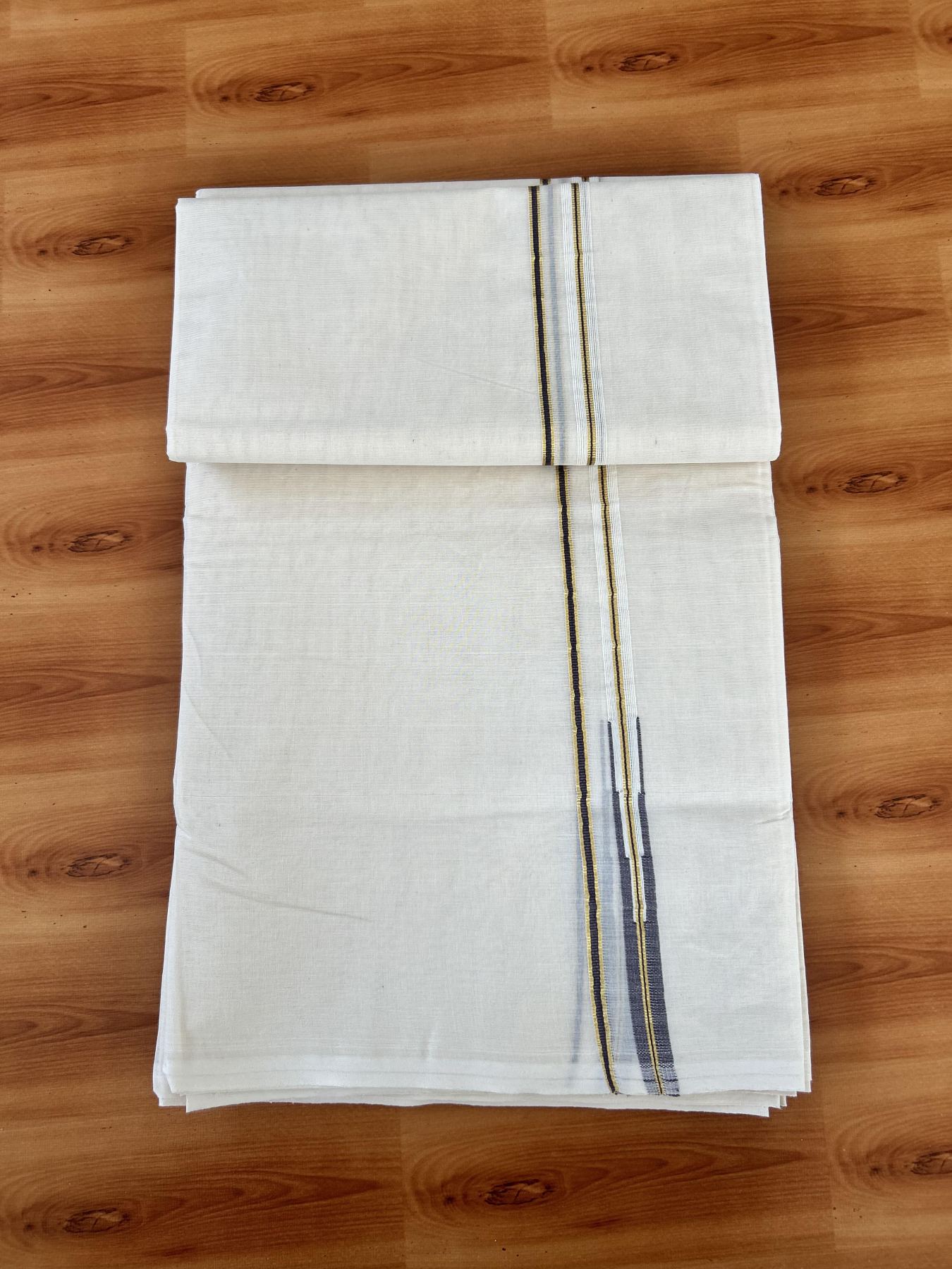 Double Off white Mundu/Dhoti - 20% Discount! KaithariKada 100% Cotton - 100x100 - 1 cm Puliyilakkara Gold Kasav & Dark Purple Chutty Kara 4 mtr (8.5 muzham) - 15 KK5453 ASH