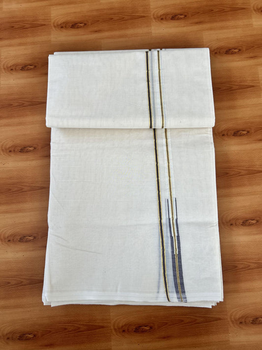 Double Off white Mundu/Dhoti - 20% Discount! KaithariKada 100% Cotton - 100x100 - 1 cm Puliyilakkara Gold Kasav & Dark Purple Chutty Kara 4 mtr (8.5 muzham) - 15 KK5453 ASH
