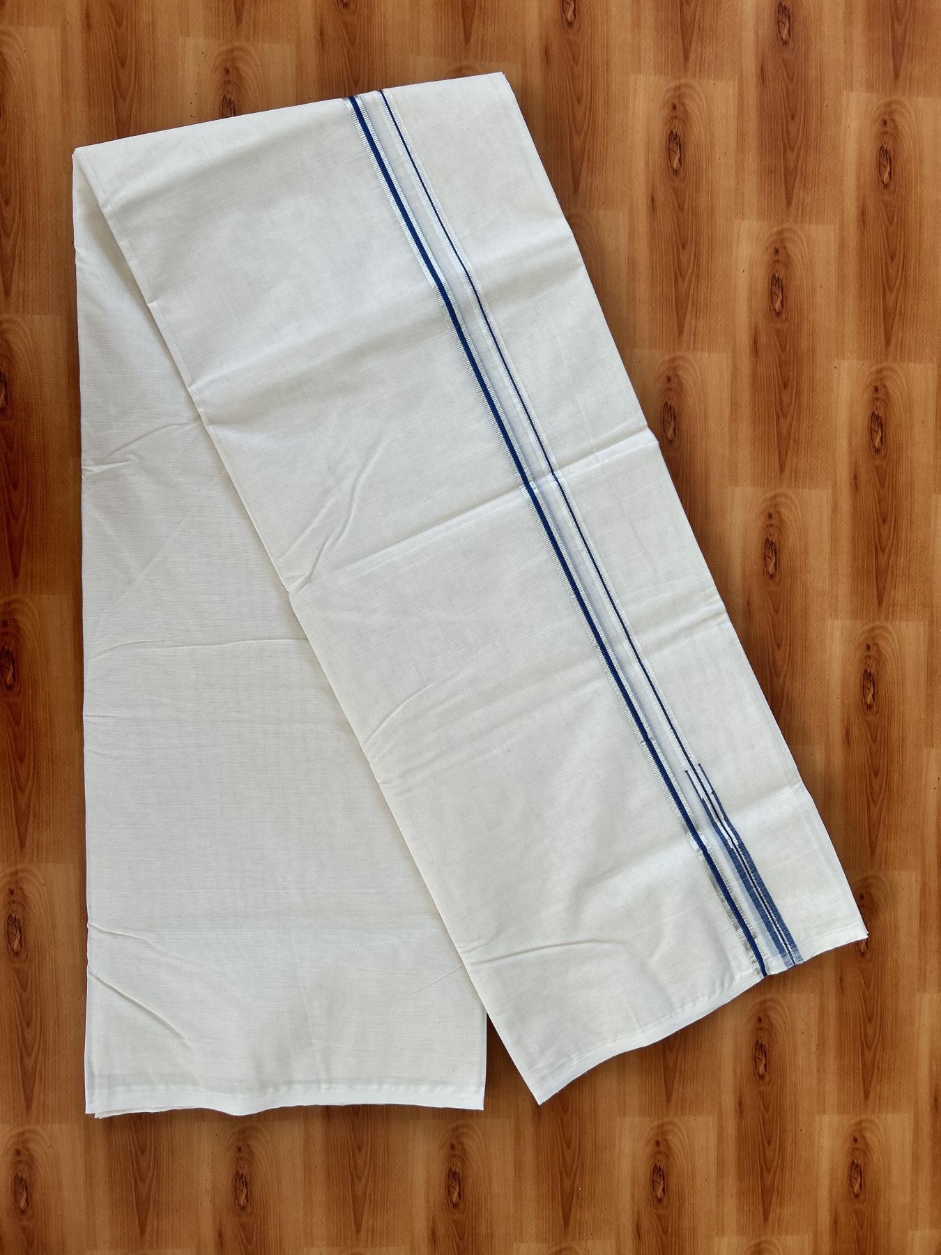 Double Off white Mundu/Dhoti - 20% Discount! KaithariKada 100% Cotton - 100x100 - 1 cm Puliyilakkara Silver Kasav & Blue Chutty Kara 4 mtr (8.5 muzham) - 1 KK5453 ASH