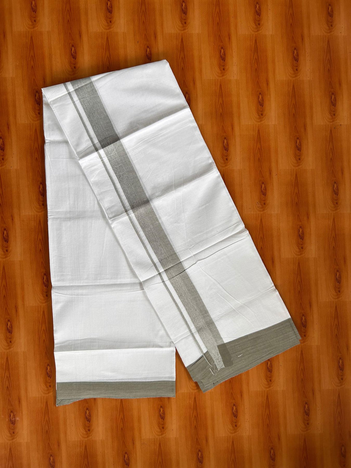 Double Pure White Mundu/Dhoti -20% Discount! KaithariKada 100% Cotton - 100x80 - 1.5 Inch Ash Green Shaded Kara - 3.80 mtr (8 muzham) - 35 KK5519 PMC