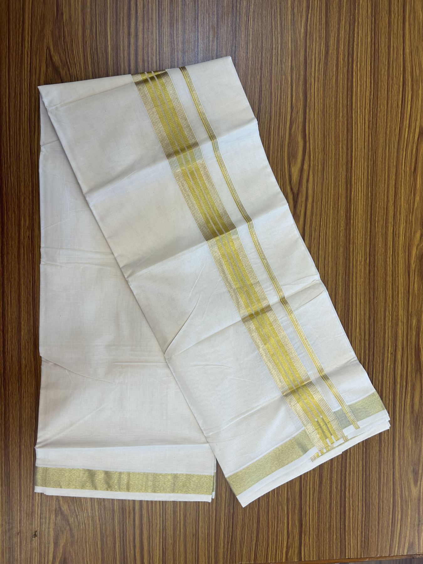 20% Discount ! KaithariKada Balaramapuram - 100% Pure Cotton Off White - (Unbleached) Double Mundu/Dhoti - 100X80 - 1.5 inch Gold Kasav & Silver Kasav Striped Kara 4 mtr (8.5 muzham) - 24 KK5340 VIN