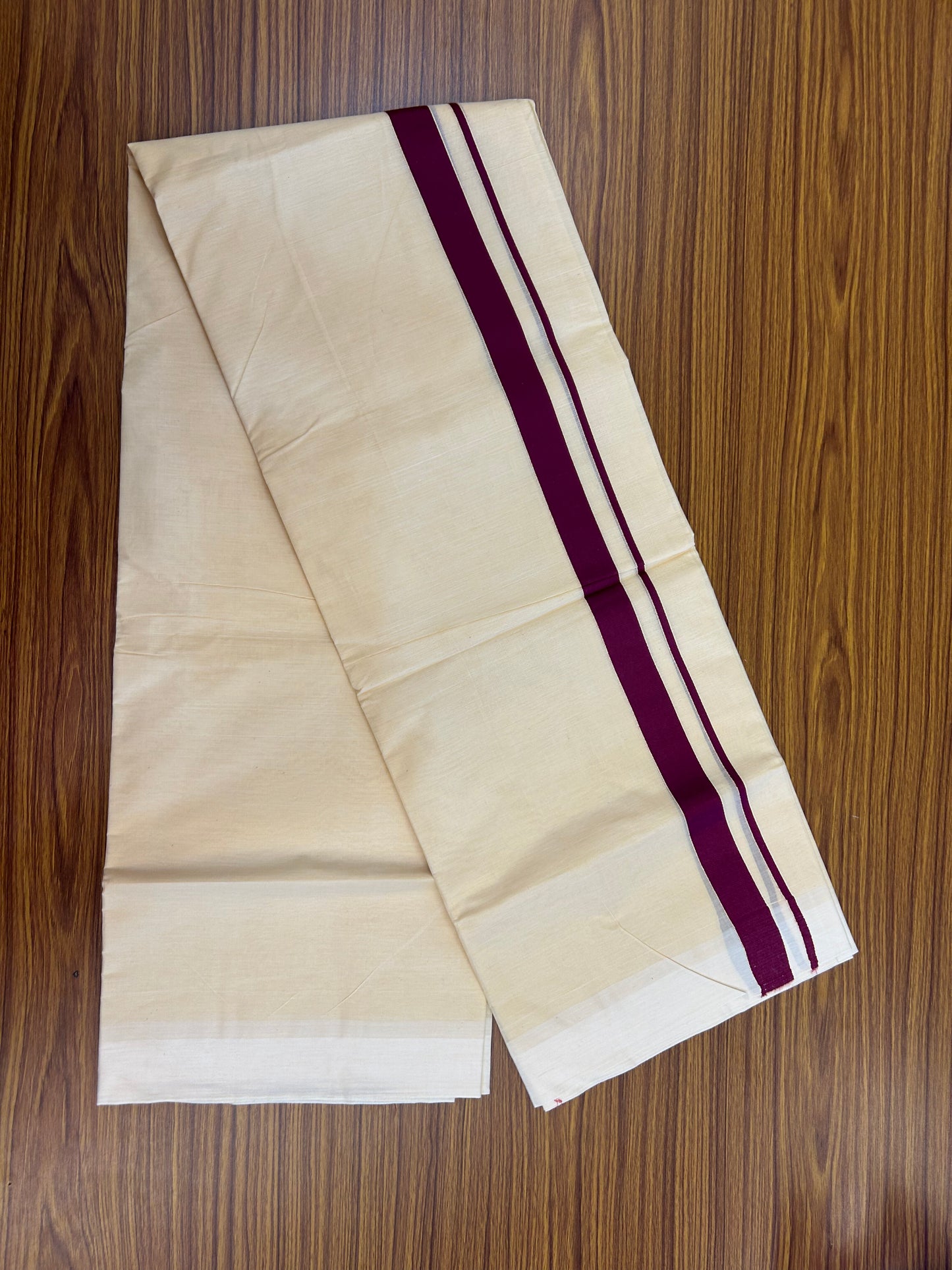 Kannur Kavi - 20% Discount! KaithariKada Balaramapuram  Double Mundu/Dhoti - Pure Cotton - 100x80 - Kannur Yellow colour Body 1 Inch Wine Purple kara - 4 mtr - (8.5 muzham) - 7 KK5362 GAN