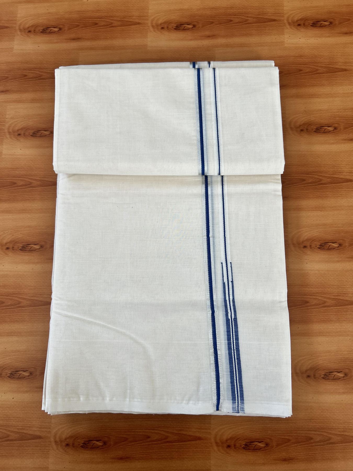Double Off white Mundu/Dhoti - 20% Discount! KaithariKada 100% Cotton - 100x100 - 1 cm Puliyilakkara Silver Kasav & Blue Chutty Kara 4 mtr (8.5 muzham) - 1 KK5453 ASH