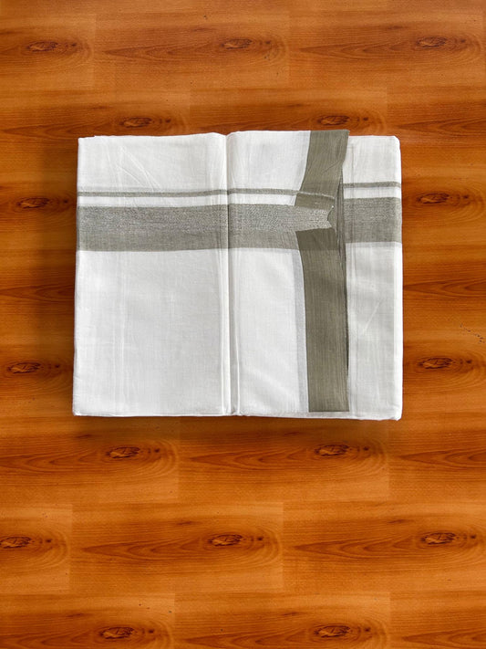 Double Pure White Mundu/Dhoti -20% Discount! KaithariKada 100% Cotton - 100x80 - 1.5 Inch Ash Green Shaded Kara - 3.80 mtr (8 muzham) - 35 KK5519 PMC