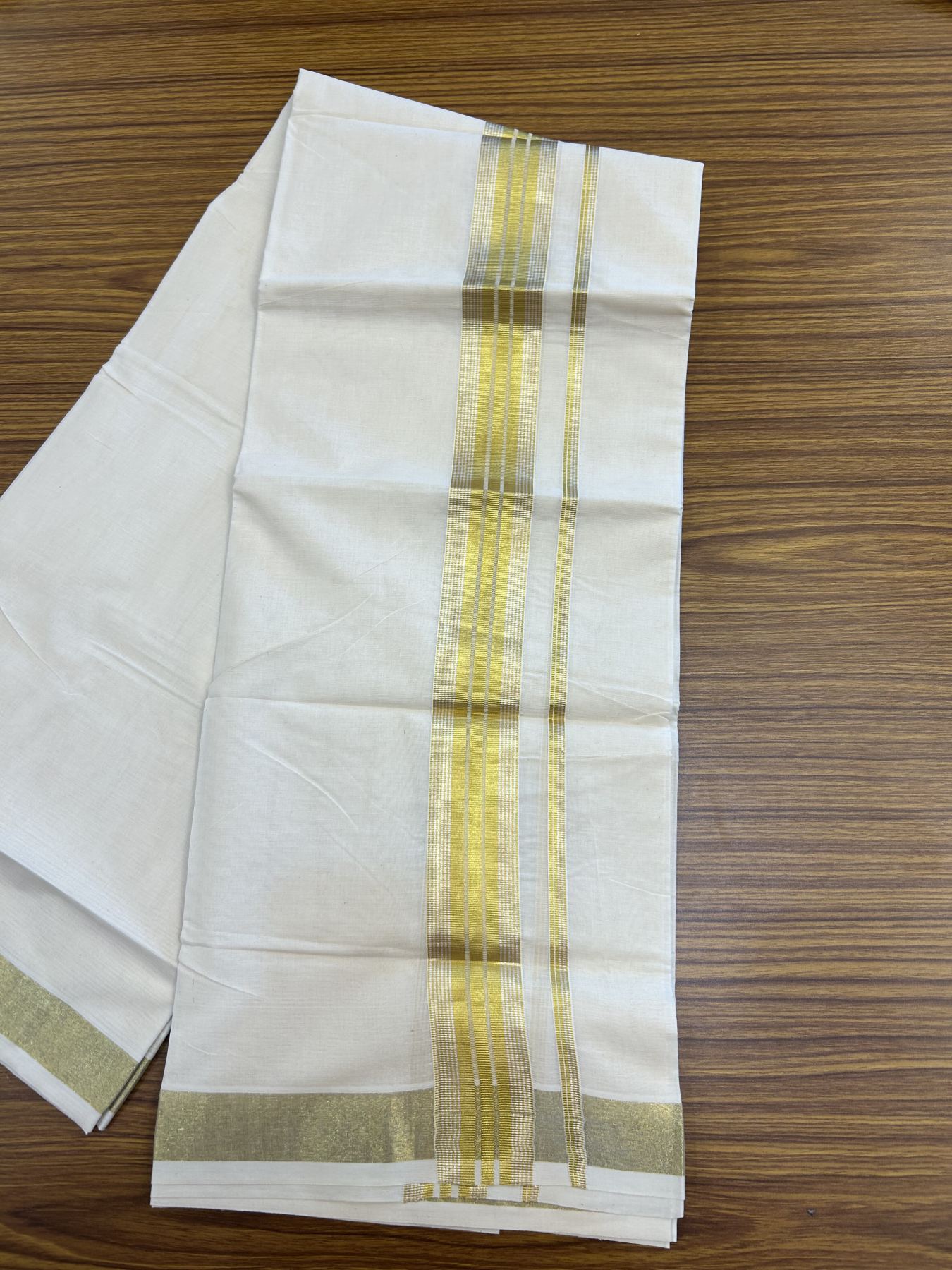 20% Discount ! KaithariKada Balaramapuram - 100% Pure Cotton Off White - (Unbleached) Double Mundu/Dhoti - 100X80 - 1.5 inch Gold Kasav & Silver Kasav Striped Kara 4 mtr (8.5 muzham) - 24 KK5340 VIN