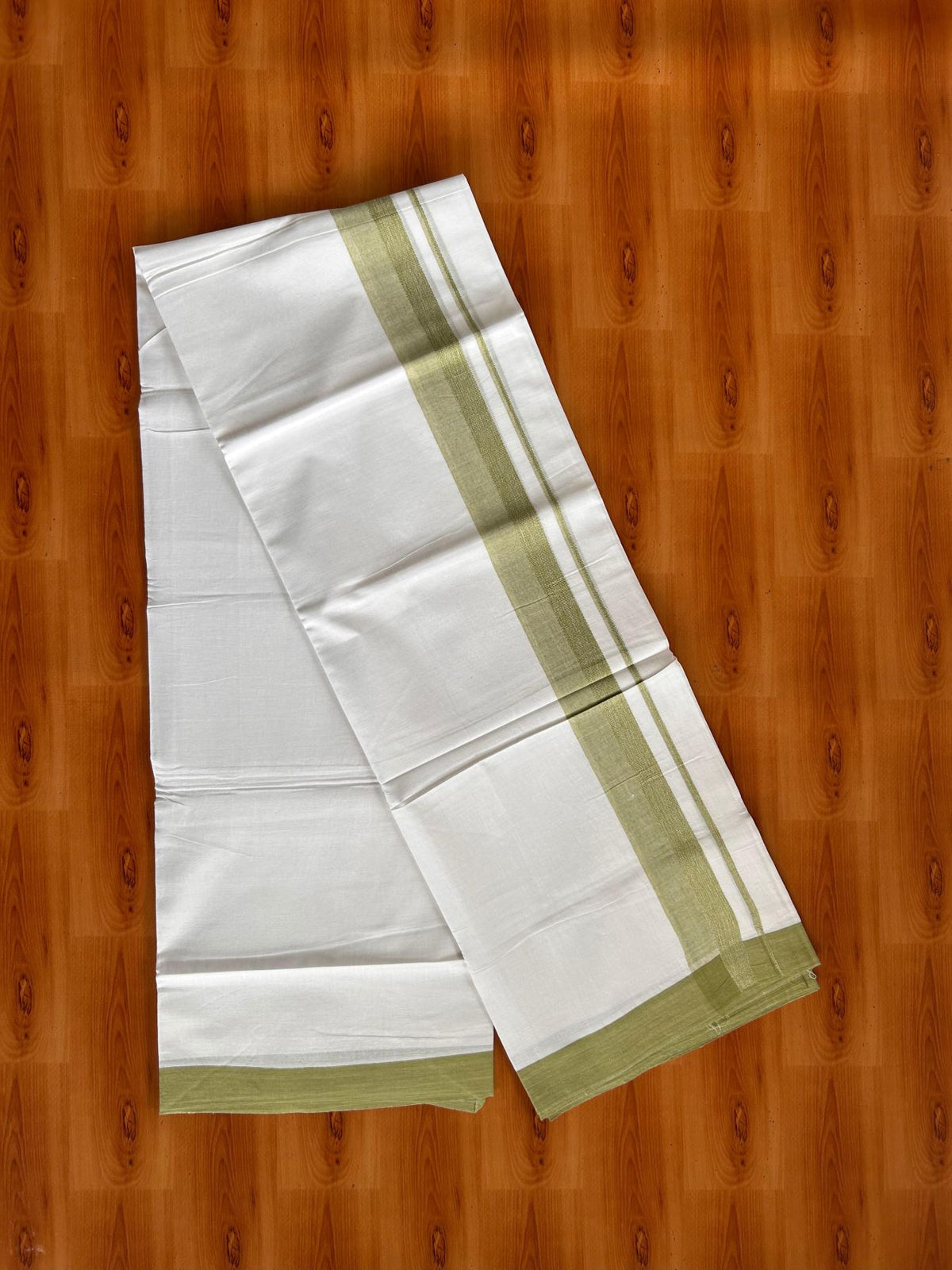 Double Pure White Mundu/Dhoti -20% Discount! KaithariKada 100% Cotton - 100x80 - 1.5 Inch Light Olive Green Shaded Kara - 3.80 mtr (8 muzham) - 36 KK5519 PMC