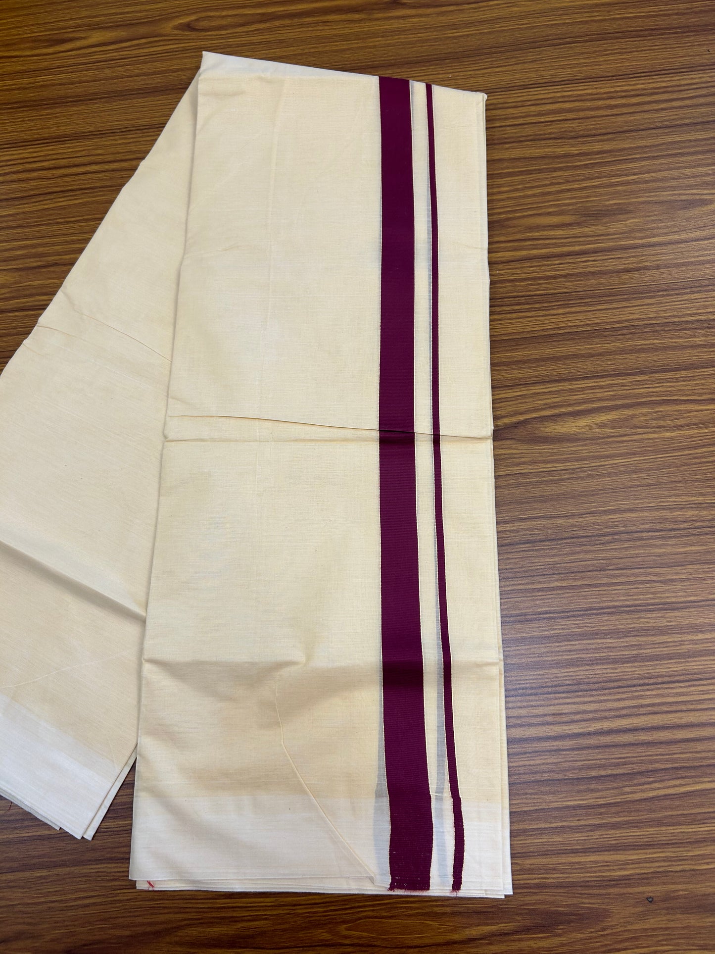 Kannur Kavi - 20% Discount! KaithariKada Balaramapuram  Double Mundu/Dhoti - Pure Cotton - 100x80 - Kannur Yellow colour Body 1 Inch Wine Purple kara - 4 mtr - (8.5 muzham) - 7 KK5362 GAN
