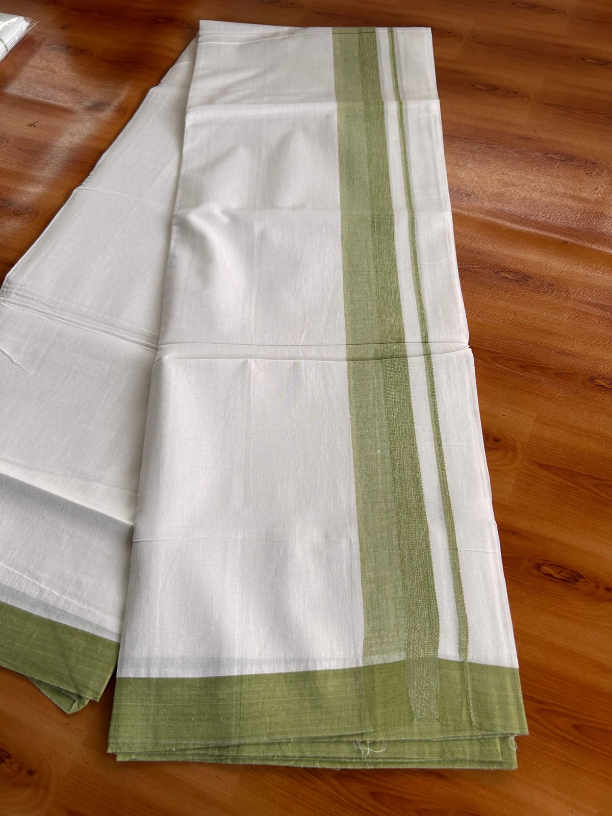 Double Pure White Mundu/Dhoti -20% Discount! KaithariKada 100% Cotton - 100x80 - 1.5 Inch Light Olive Green Shaded Kara - 3.80 mtr (8 muzham) - 36 KK5519 PMC