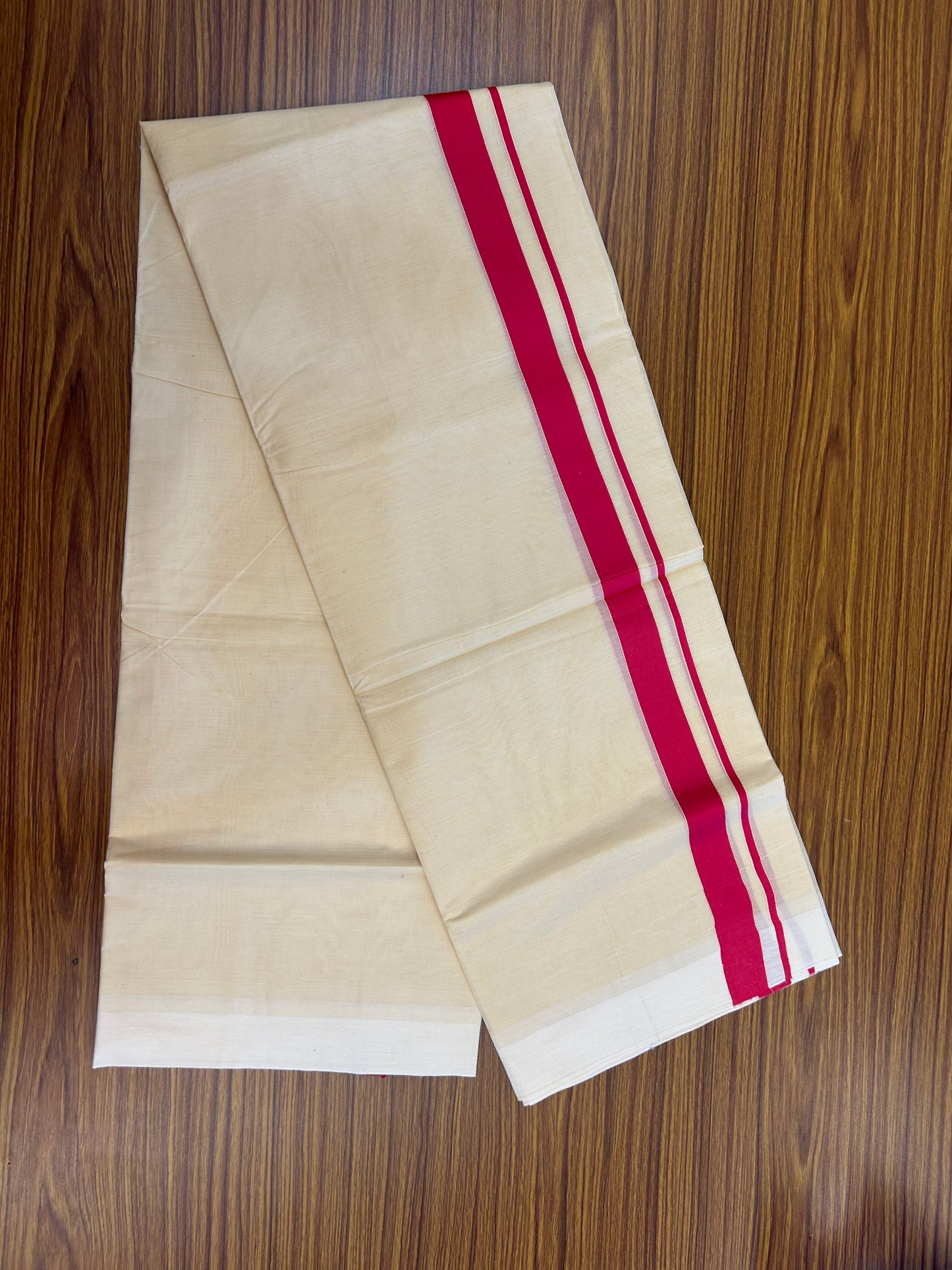 Kannur Kavi - 20% Discount! KaithariKada Balaramapuram  Double Mundu/Dhoti - Pure Cotton - 100x80 - Kannur Yellow colour Body 1 Inch Red kara - 4 mtr - (8.5 muzham) - 8 KK5362 GAN