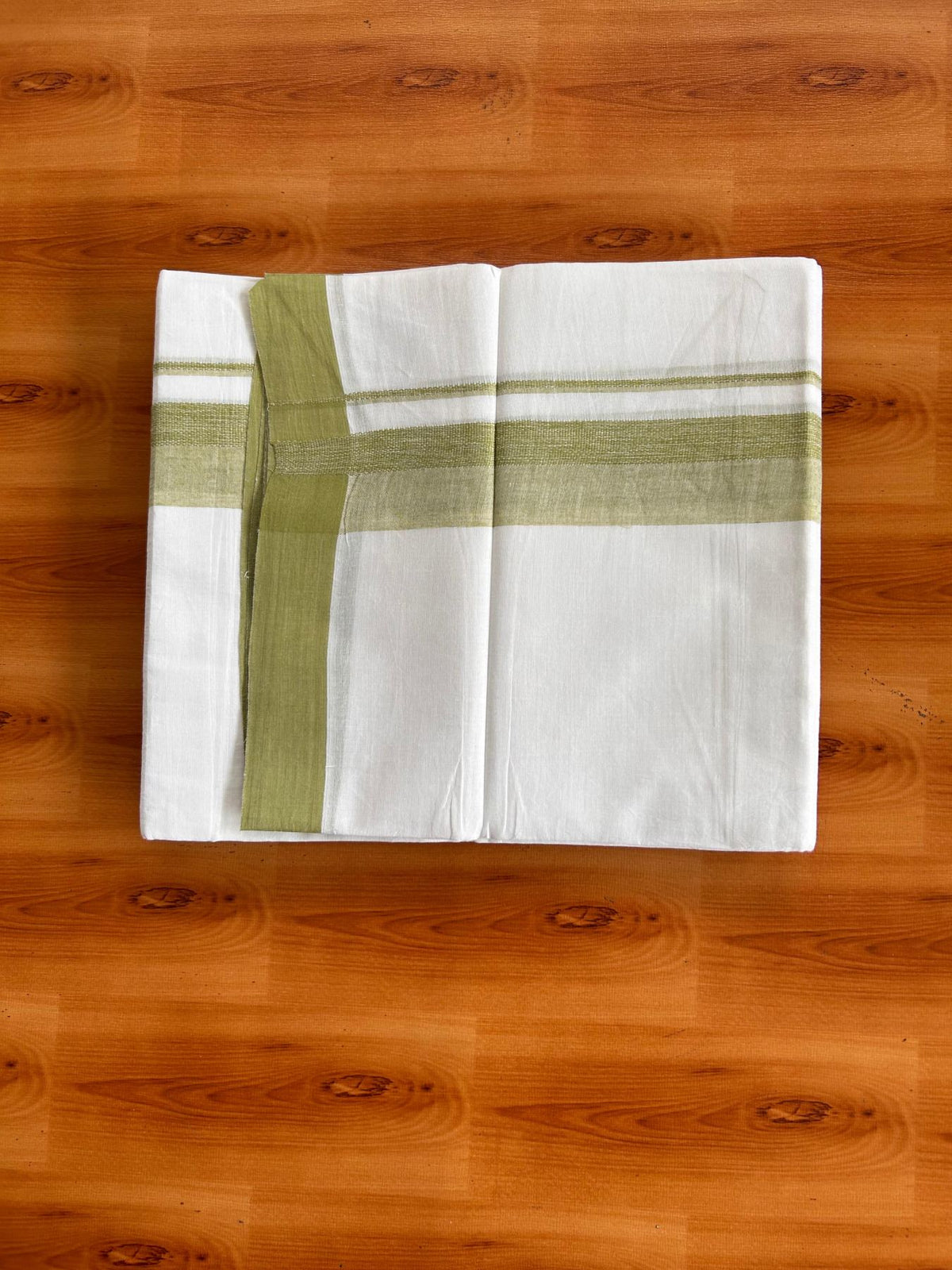 Double Pure White Mundu/Dhoti -20% Discount! KaithariKada 100% Cotton - 100x80 - 1.5 Inch Light Olive Green Shaded Kara - 3.80 mtr (8 muzham) - 36 KK5519 PMC