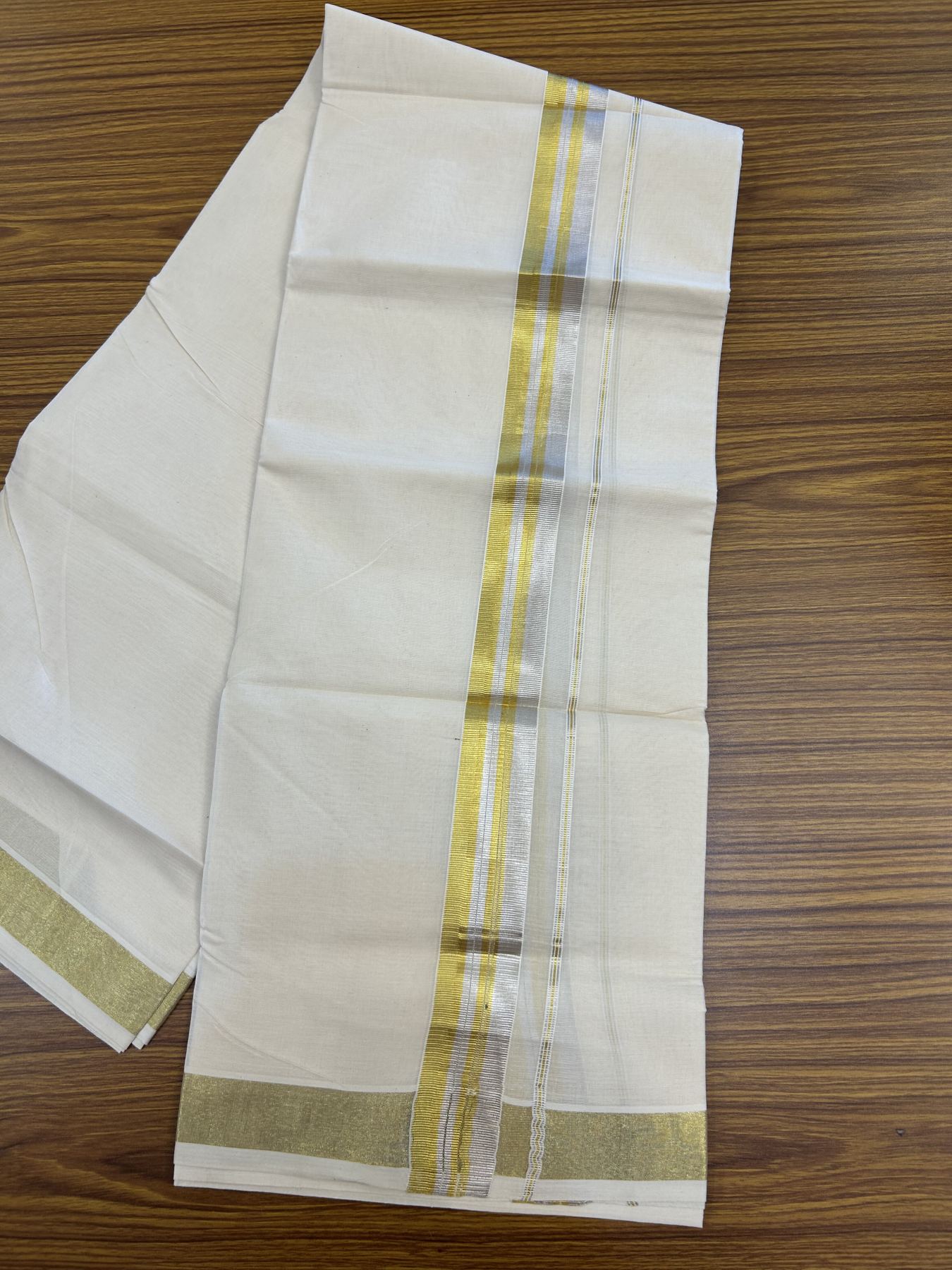 20% Discount ! KaithariKada Balaramapuram - 100% Pure Cotton Off White - (Unbleached) Double Mundu/Dhoti - 100X80 - 1.5 inch Gold Kasav & Silver Kasav Striped Kara 4 mtr (8.5 muzham) - 11 KK5340 VIN