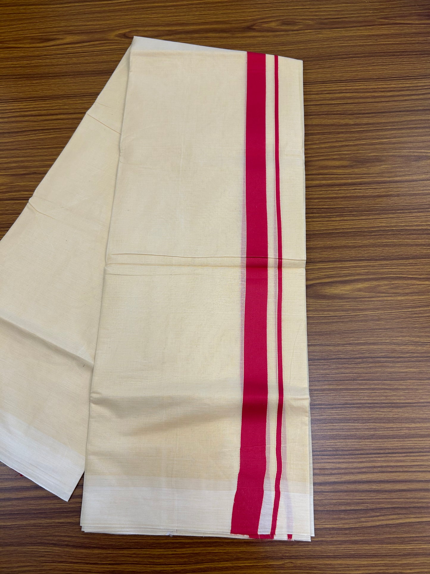 Kannur Kavi - 20% Discount! KaithariKada Balaramapuram  Double Mundu/Dhoti - Pure Cotton - 100x80 - Kannur Yellow colour Body 1 Inch Red kara - 4 mtr - (8.5 muzham) - 8 KK5362 GAN