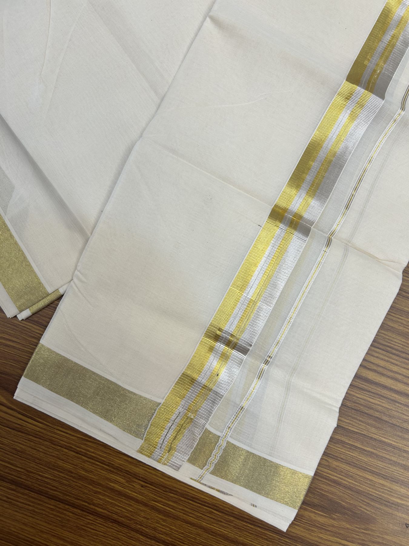 20% Discount ! KaithariKada Balaramapuram - 100% Pure Cotton Off White - (Unbleached) Double Mundu/Dhoti - 100X80 - 1.5 inch Gold Kasav & Silver Kasav Striped Kara 4 mtr (8.5 muzham) - 11 KK5340 VIN