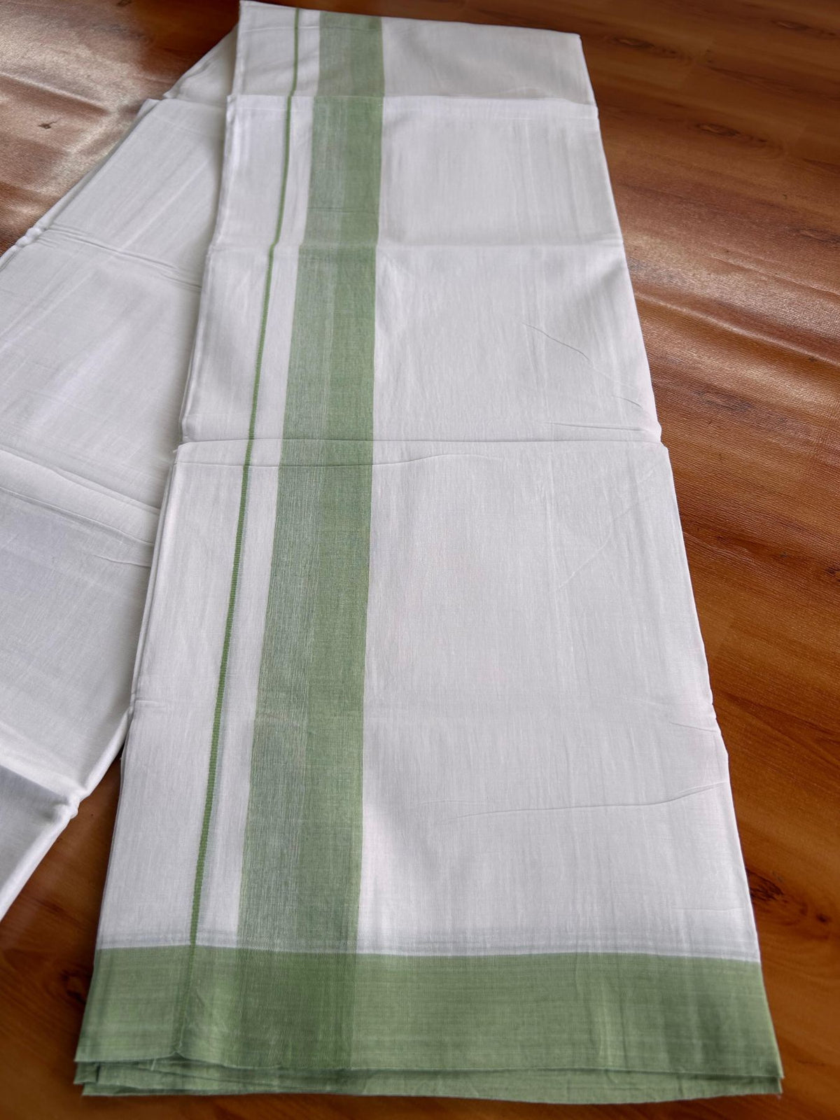 Double Pure White Mundu/Dhoti -20% Discount! KaithariKada 100% Cotton - 100x80 - 1.5 Inch Pista Green Shaded Kara - 3.80 mtr (8 muzham) - 37 KK5519 PMC
