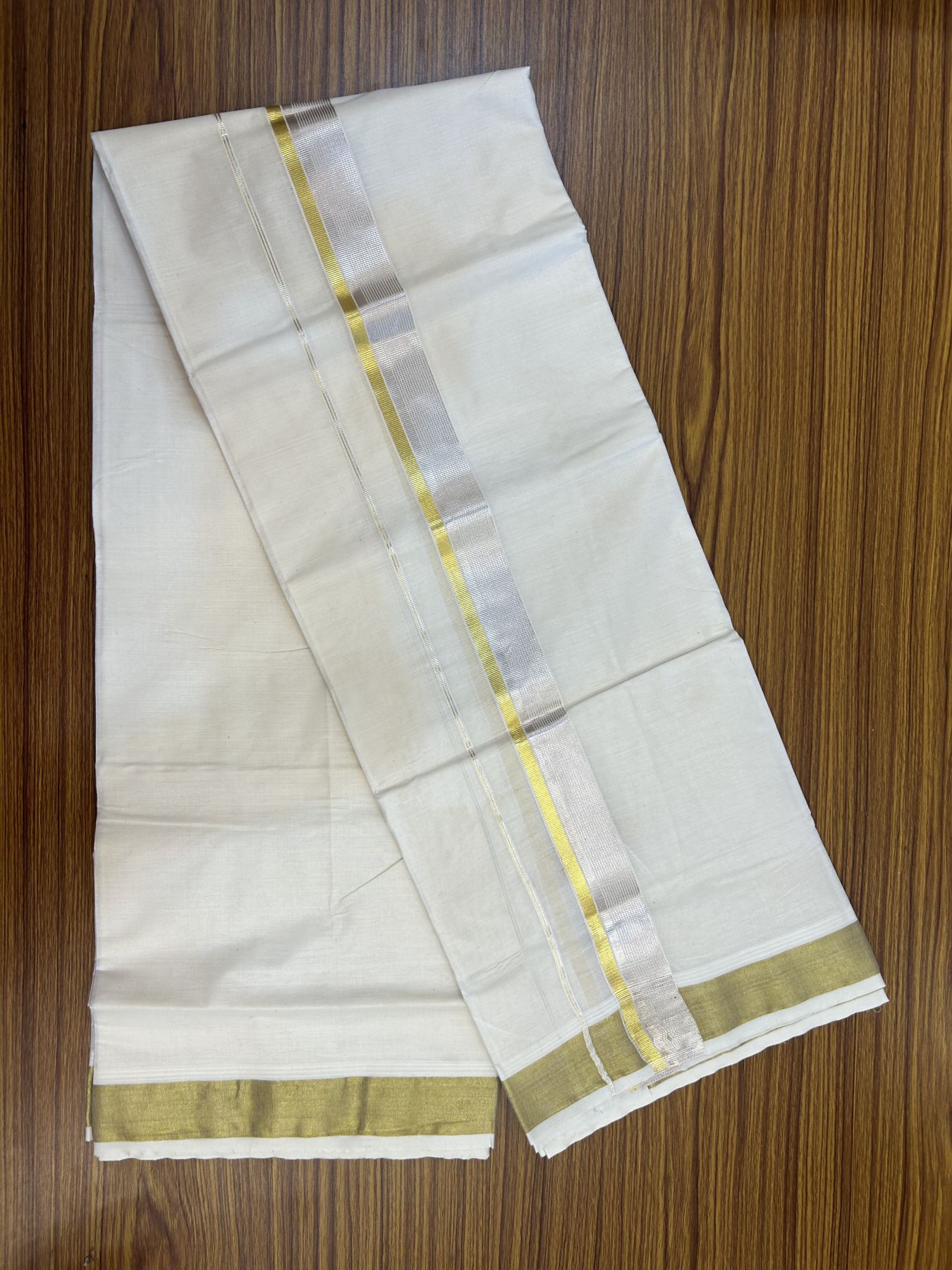 20% Discount ! KaithariKada Balaramapuram - 100% Pure Cotton Off White - (Unbleached) Double Mundu/Dhoti - 100X80 - 1.5 inch Gold Kasav & Silver Kasav Striped Kara 4 mtr (8.5 muzham) - 15 KK5340 VIN
