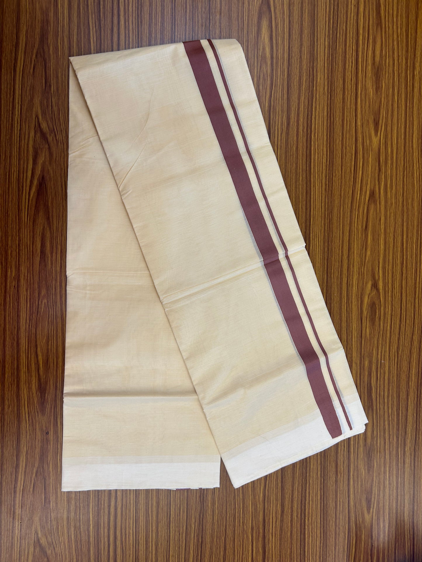 Kannur Kavi - 20% Discount! KaithariKada Balaramapuram  Double Mundu/Dhoti - Pure Cotton - 100x80 - Kannur Yellow colour Body 1 Inch Dusty Ranch Brown kara - 4 mtr - (8.5 muzham) - 9 KK5362 GAN