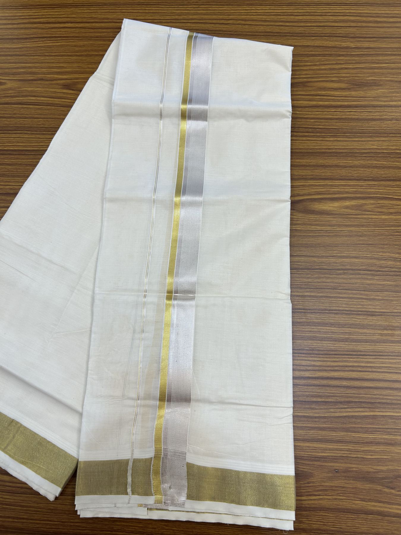 20% Discount ! KaithariKada Balaramapuram - 100% Pure Cotton Off White - (Unbleached) Double Mundu/Dhoti - 100X80 - 1.5 inch Gold Kasav & Silver Kasav Striped Kara 4 mtr (8.5 muzham) - 15 KK5340 VIN