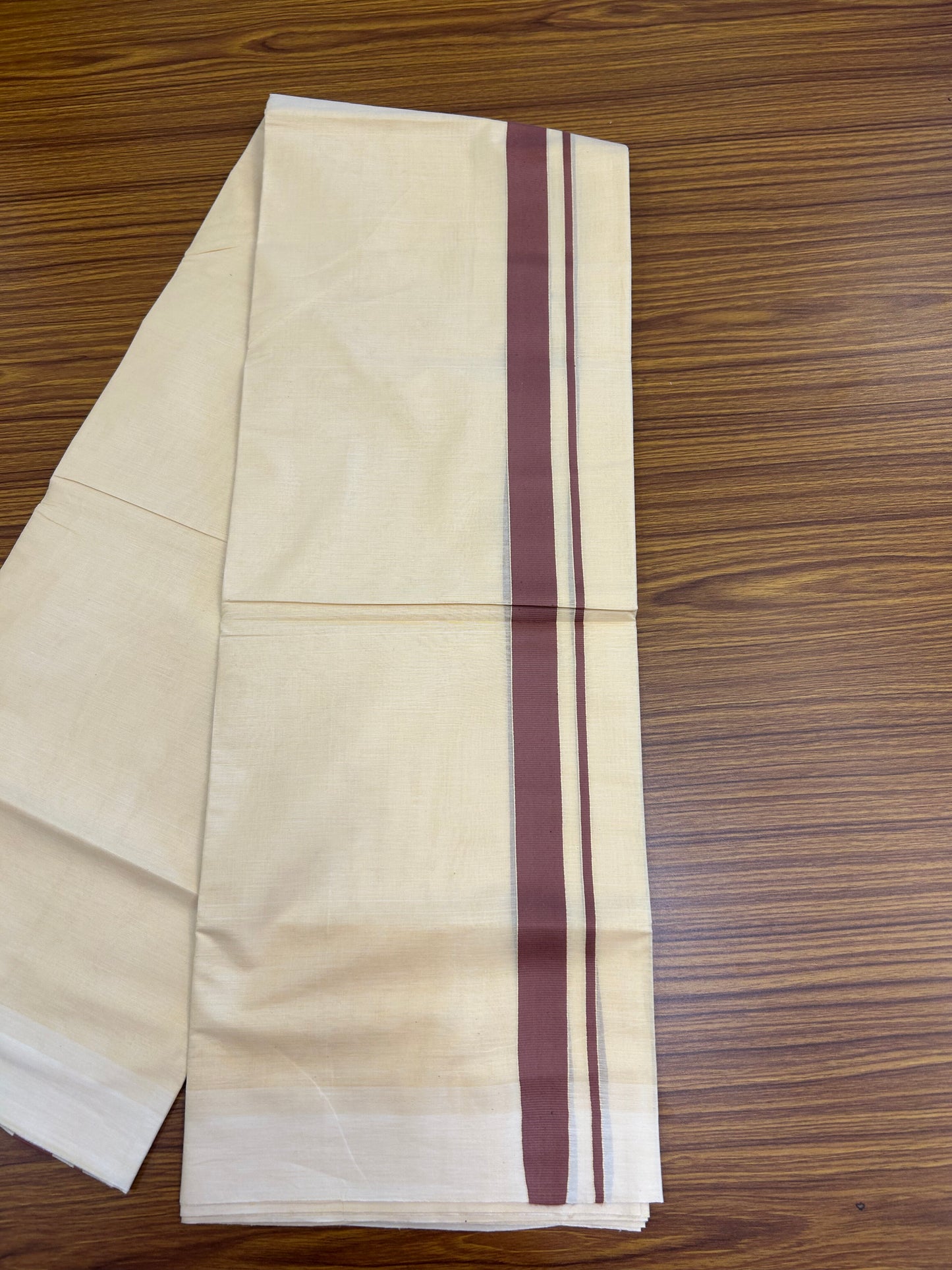 Kannur Kavi - 20% Discount! KaithariKada Balaramapuram  Double Mundu/Dhoti - Pure Cotton - 100x80 - Kannur Yellow colour Body 1 Inch Dusty Ranch Brown kara - 4 mtr - (8.5 muzham) - 9 KK5362 GAN