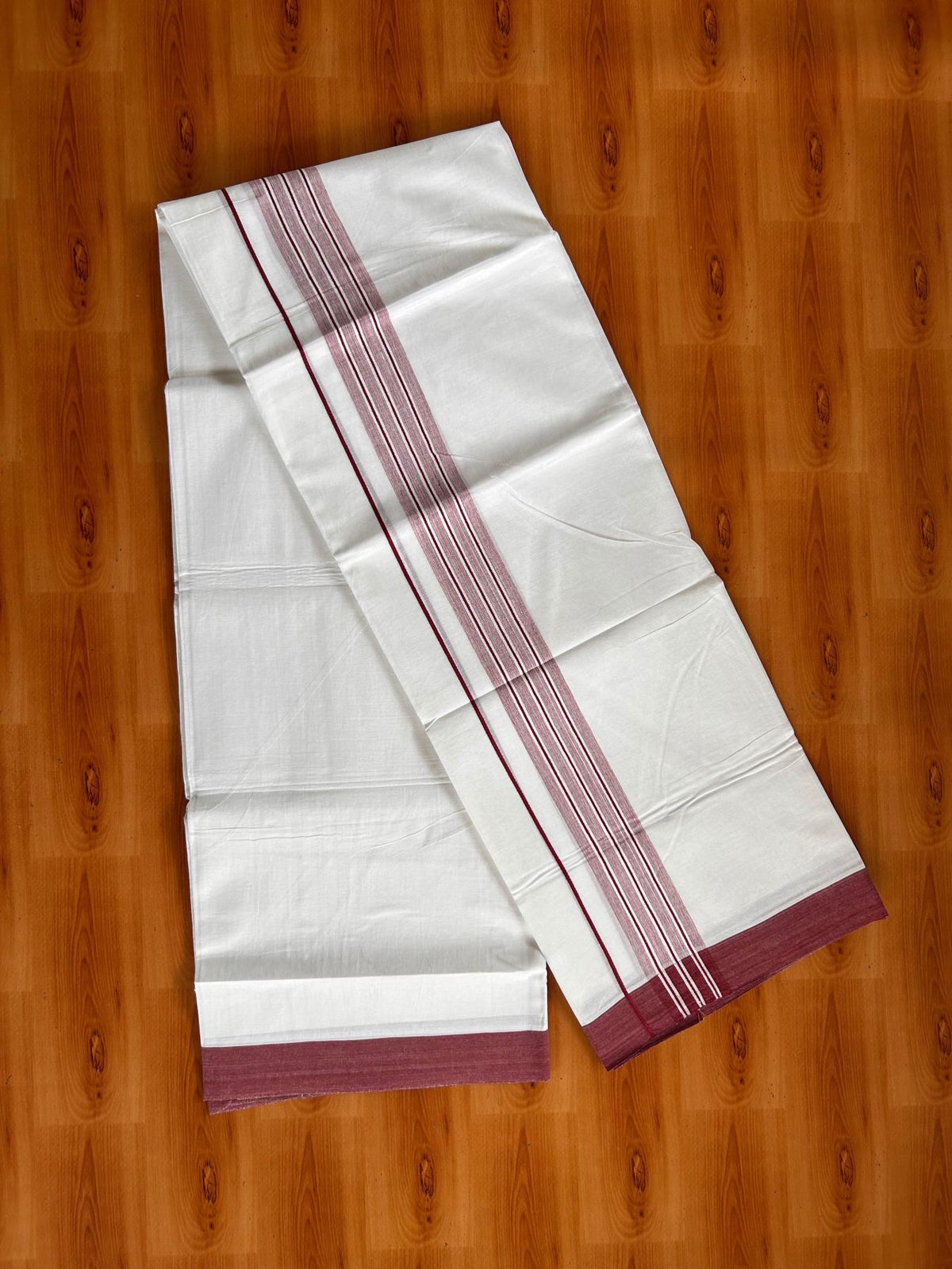 Double Pure White Mundu/Dhoti -20% Discount! KaithariKada 100% Cotton - 100x80 - 1.75 Inch Maroon Shaded Striped Kara - 3.80 mtr (8 muzham) - 38 KK5519 PMC