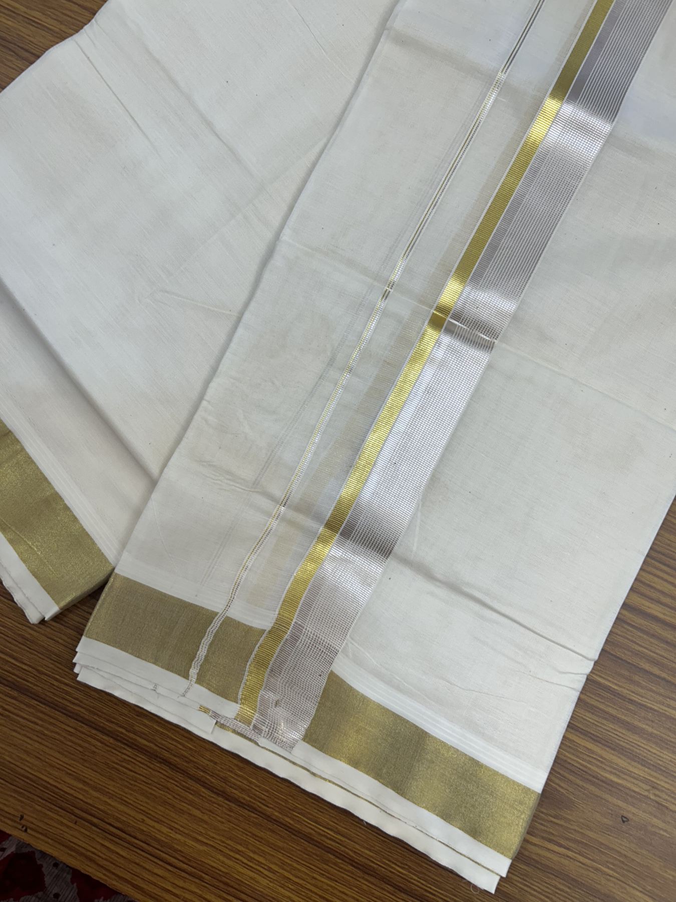 20% Discount ! KaithariKada Balaramapuram - 100% Pure Cotton Off White - (Unbleached) Double Mundu/Dhoti - 100X80 - 1.5 inch Gold Kasav & Silver Kasav Striped Kara 4 mtr (8.5 muzham) - 15 KK5340 VIN