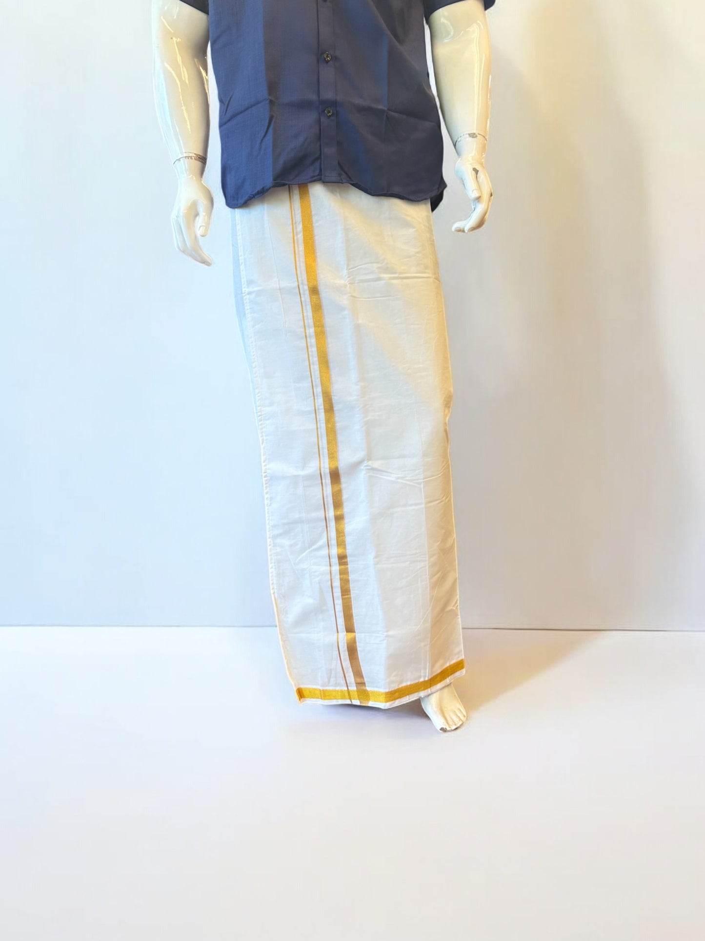 KaithariKada Balaramapuram 100% Pure Cotton SINGLE Off white VELCRO Mundu/Dhoti  - 1.5inch Gold Kasavu kara (2 metre / 4 muzham) - 3KK5016KK