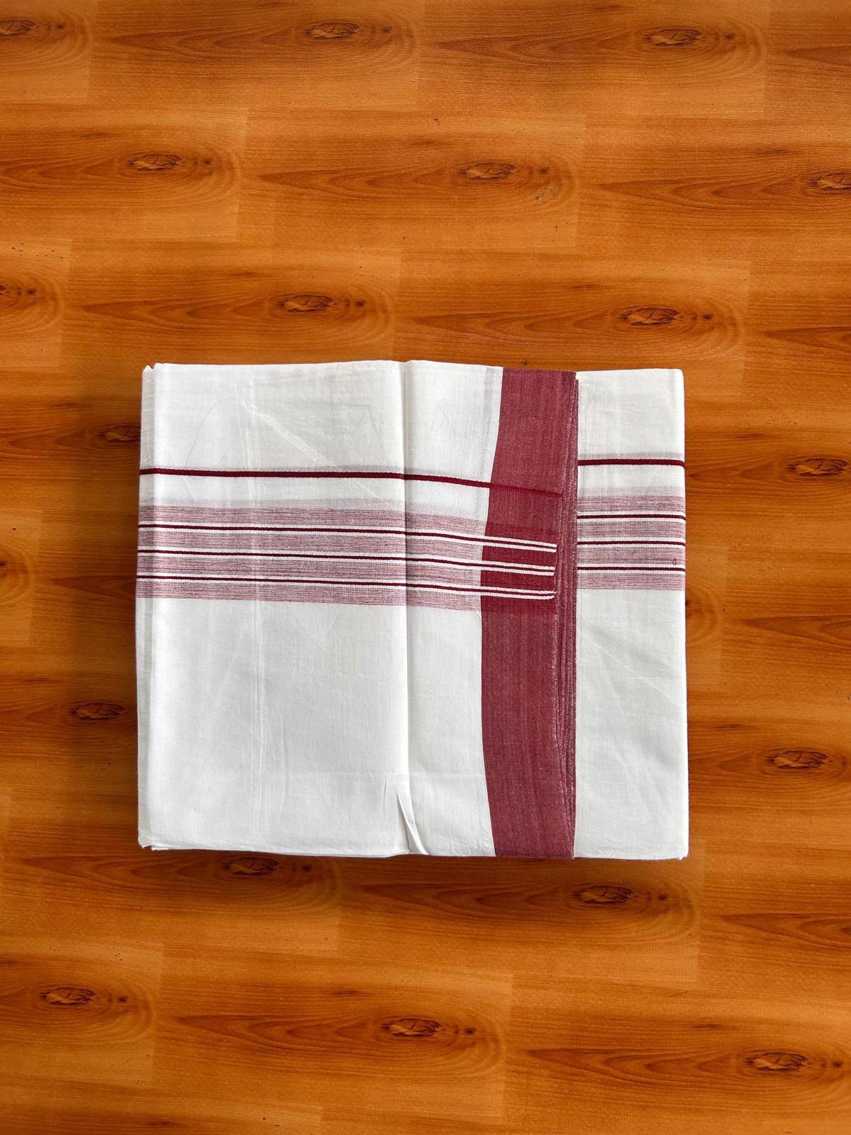 Double Pure White Mundu/Dhoti -20% Discount! KaithariKada 100% Cotton - 100x80 - 1.75 Inch Maroon Shaded Striped Kara - 3.80 mtr (8 muzham) - 38 KK5519 PMC