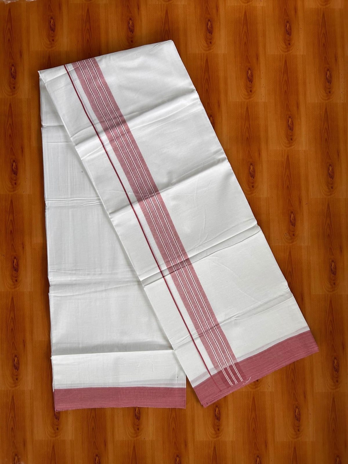 Double Pure White Mundu/Dhoti -20% Discount! KaithariKada 100% Cotton - 100x80 - 1.5 Inch Light Maroon Shaded Striped Kara - 3.80 mtr (8 muzham) - 39 KK5519 PMC